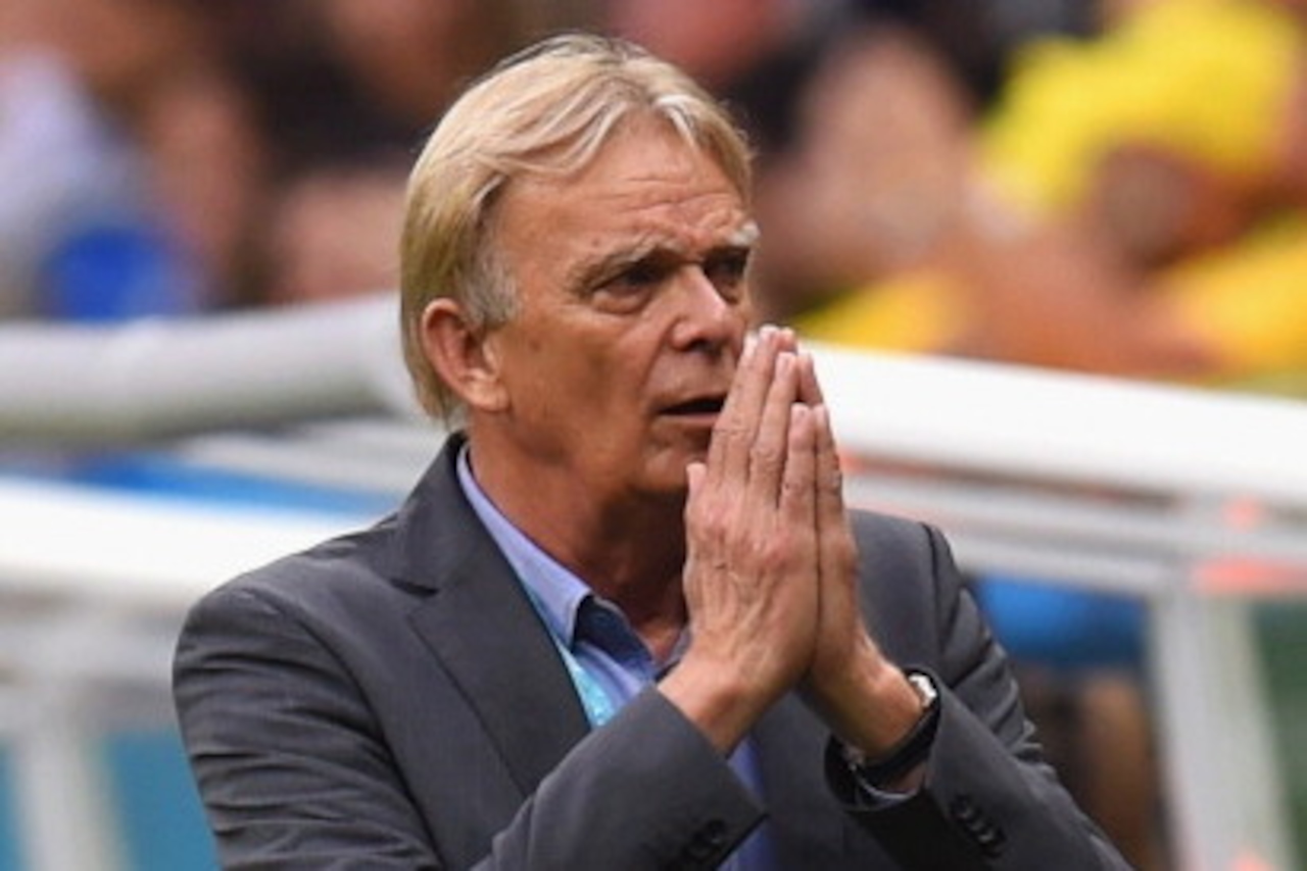BRASILIA, BRAZIL - JUNE 23: Head coach Volker Finke of Cameroon reacts during the 2014 FIFA World Cup Brazil Group A match between Cameroon and Brazil at Estadio Nacional on June 23, 2014 in Brasilia, Brazil.  (Photo by Stu Forster/Getty Images)