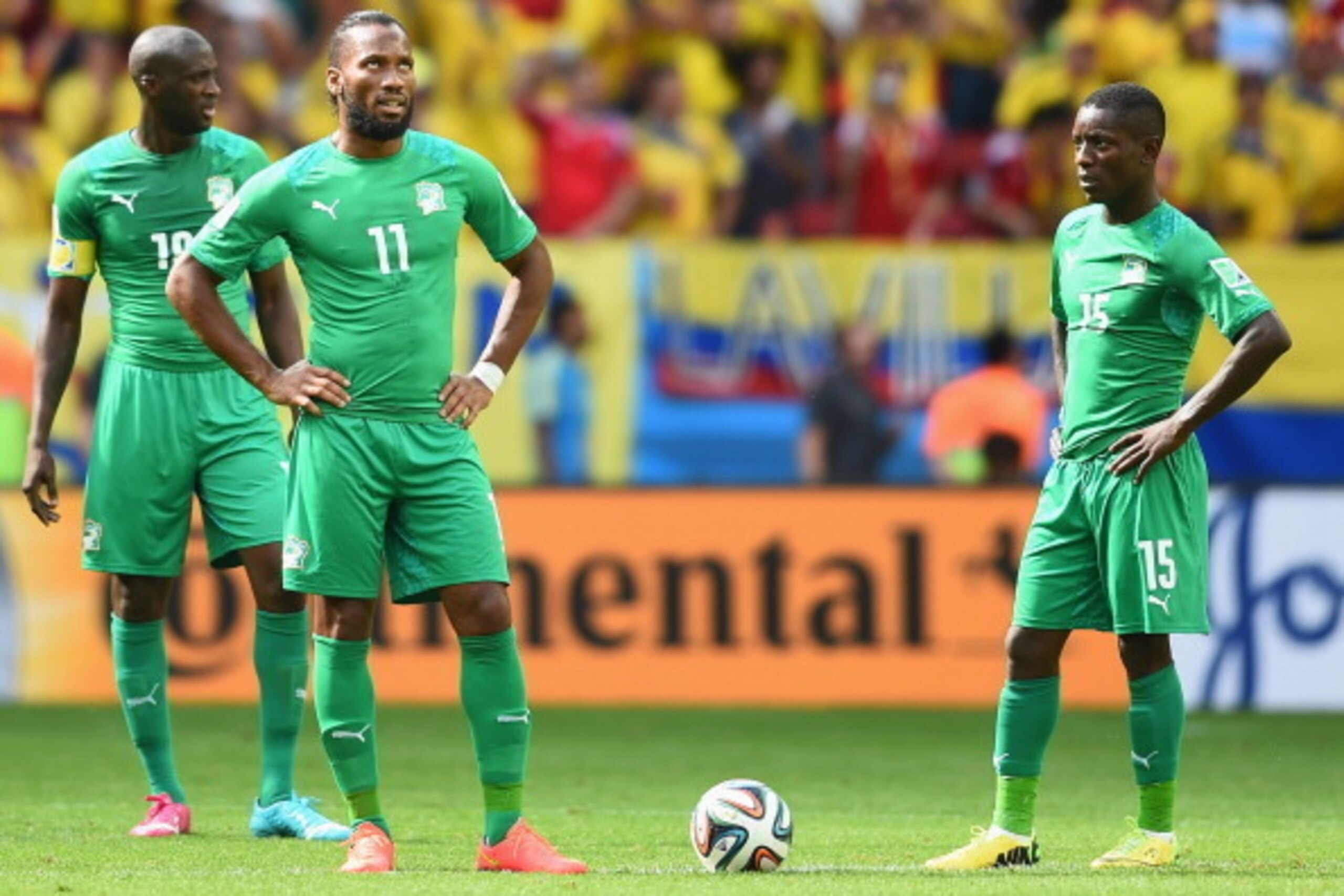 BRASILIA, BRAZIL - JUNE 19:  Didier Drogba of the Ivory Coast (L) looks dejected after Colombia scored a goal during the 2014 FIFA World Cup Brazil Group C match between Colombia and Cote D'Ivoire at Estadio Nacional on June 19, 2014 in Brasilia, Brazil. 