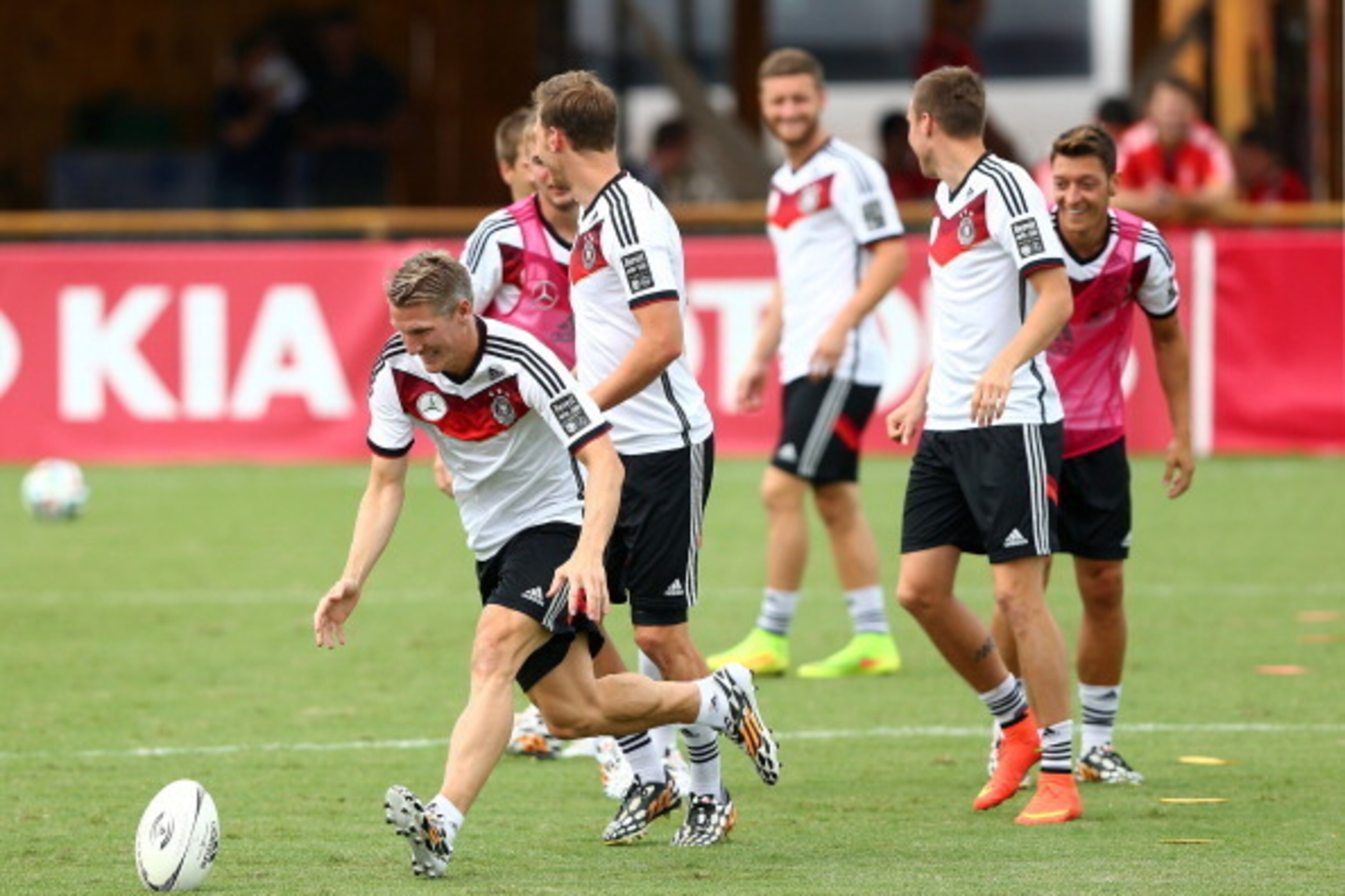 SANTO ANDRE, BRAZIL - JUNE 23:  Bastian Schweinsteiger of Germany runs with the ball during the German national team training at Campo Bahia on June 23, 2014 in Santo Andre, Brazil.  (Photo by Martin Rose/Getty Images)