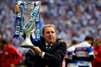 LONDON, ENGLAND - MAY 24:  QPR manager Harry Redknapp celebrates with the trophy after the Sky Bet Championship Playoff Final match between Derby County and Queens Park Rangers at Wembley Stadium on May 24, 2014 in London, England.  (Photo by Ben Hoskins/