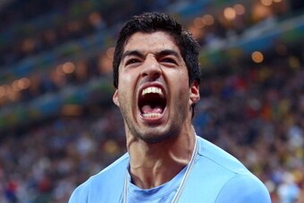 SAO PAULO, BRAZIL - JUNE 19:  Luis Suarez of Uruguay celebrates scoring his team's second goal during the 2014 FIFA World Cup Brazil Group D match between Uruguay and England at Arena de Sao Paulo on June 19, 2014 in Sao Paulo, Brazil.  (Photo by Julian F