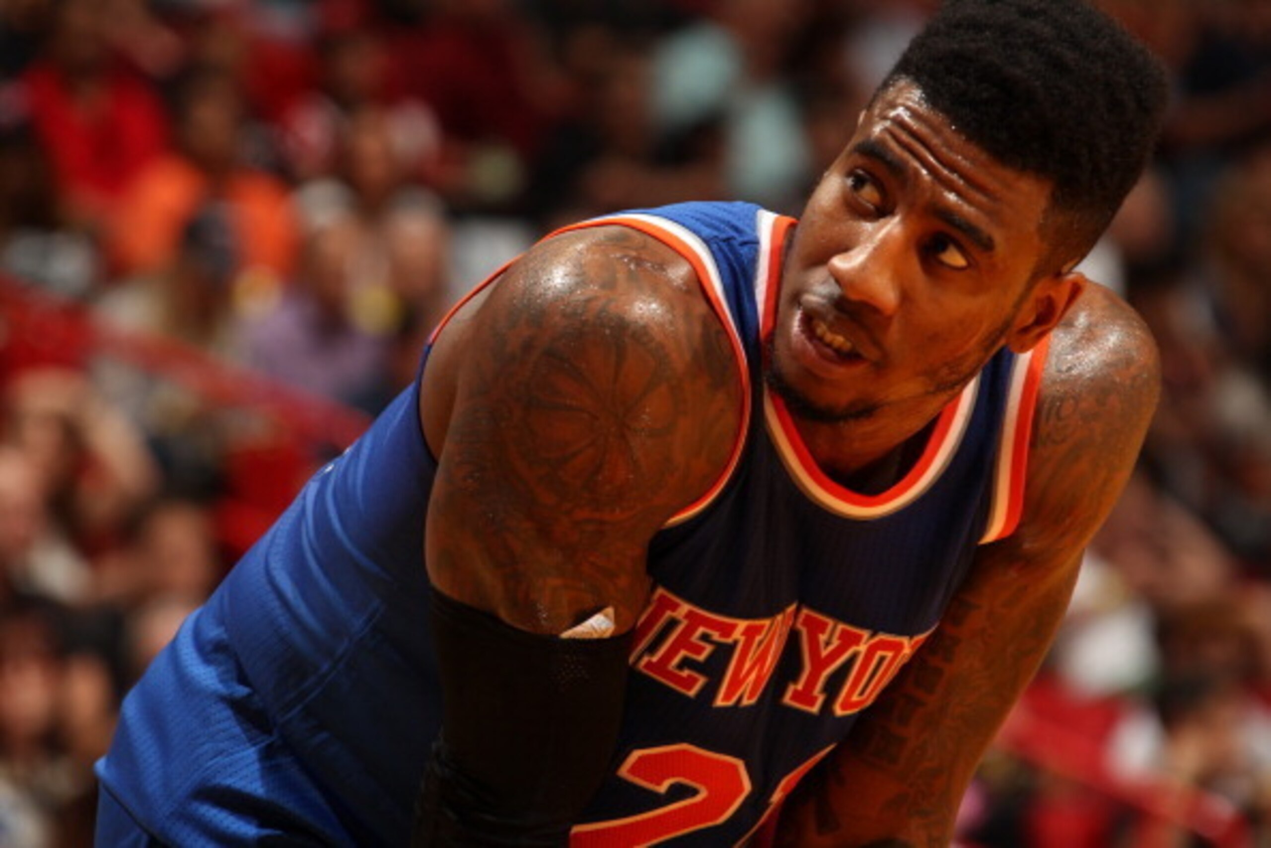 MIAMI, FL - April 6: Iman Shumpert #21 of the New York Knicks looks on during the game against the Miami Heat at the American Airlines Arena in Miami, Florida on April 6, 2014. NOTE TO USER: User expressly acknowledges and agrees that, by downloading and/ MIAMI, FL - April 6: Iman Shumpert #21 of the New York Knicks looks on during the game against the Miami Heat at the American Airlines Arena in Miami, Florida on April 6, 2014. NOTE TO USER: User expressly acknowledges and agrees that, by downloading and/