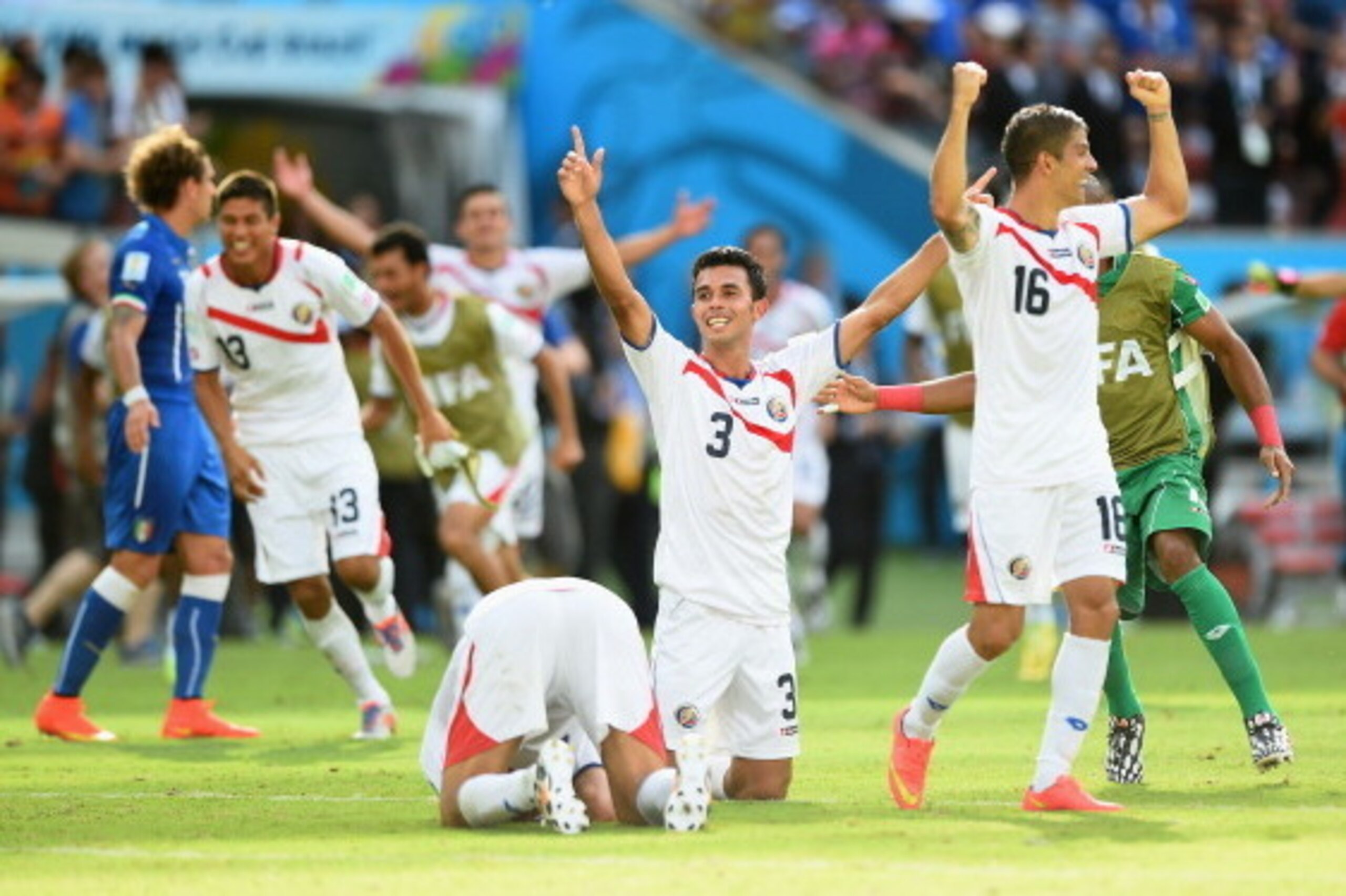 RECIFE, BRAZIL - JUNE 20: Giancarlo Gonzalez of Costa Rica celebrates with teammates after defeating Italy 1-0  on June 20, 2014 in Recife, Brazil.  (Photo by Laurence Griffiths/Getty Images)