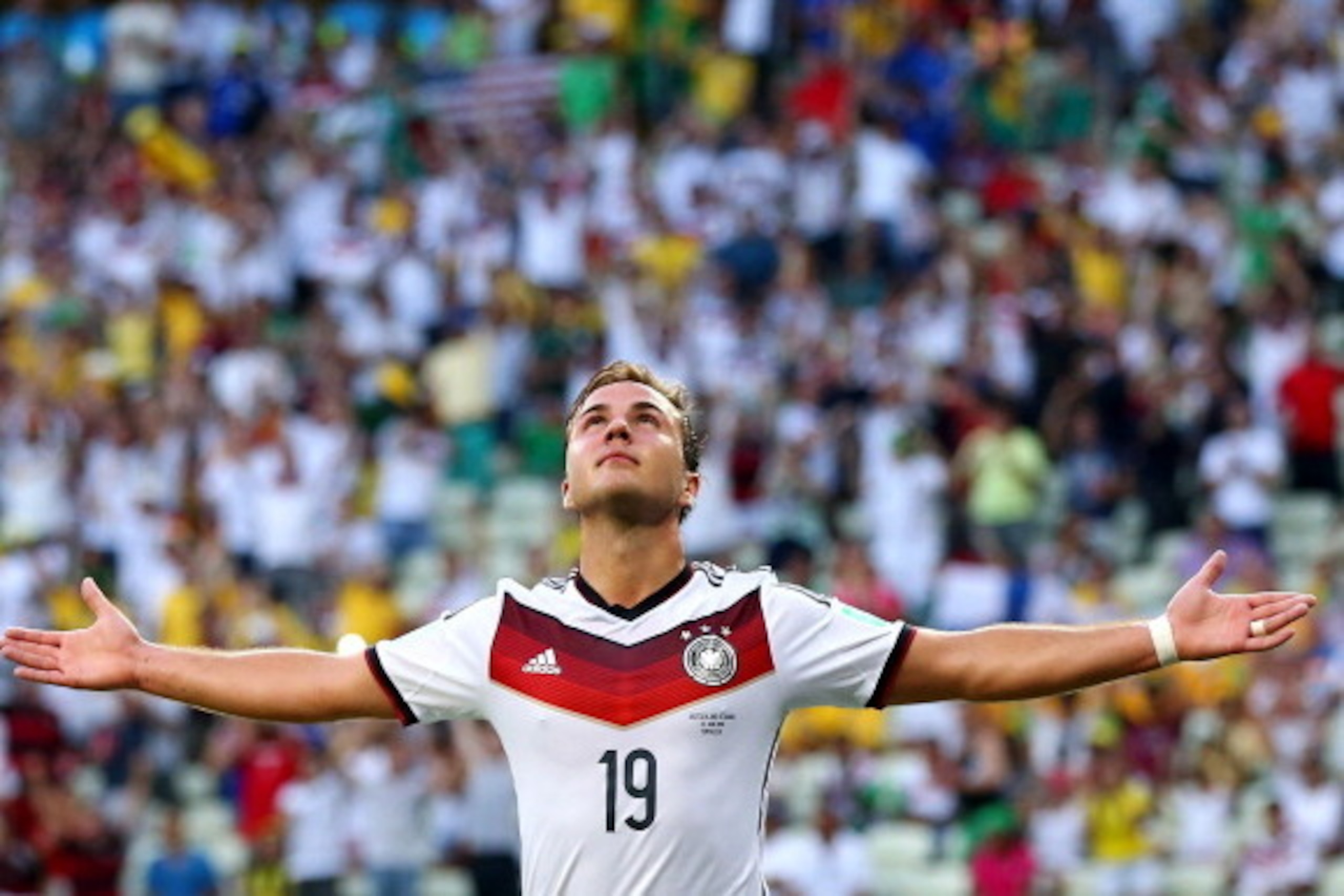 FORTALEZA, BRAZIL - JUNE 21:  Mario Goetze of Germany celebrates scoring his team's first goal during the 2014 FIFA World Cup Brazil Group G match between Germany and Ghana at Castelao on June 21, 2014 in Fortaleza, Brazil.  (Photo by Martin Rose/Getty Im