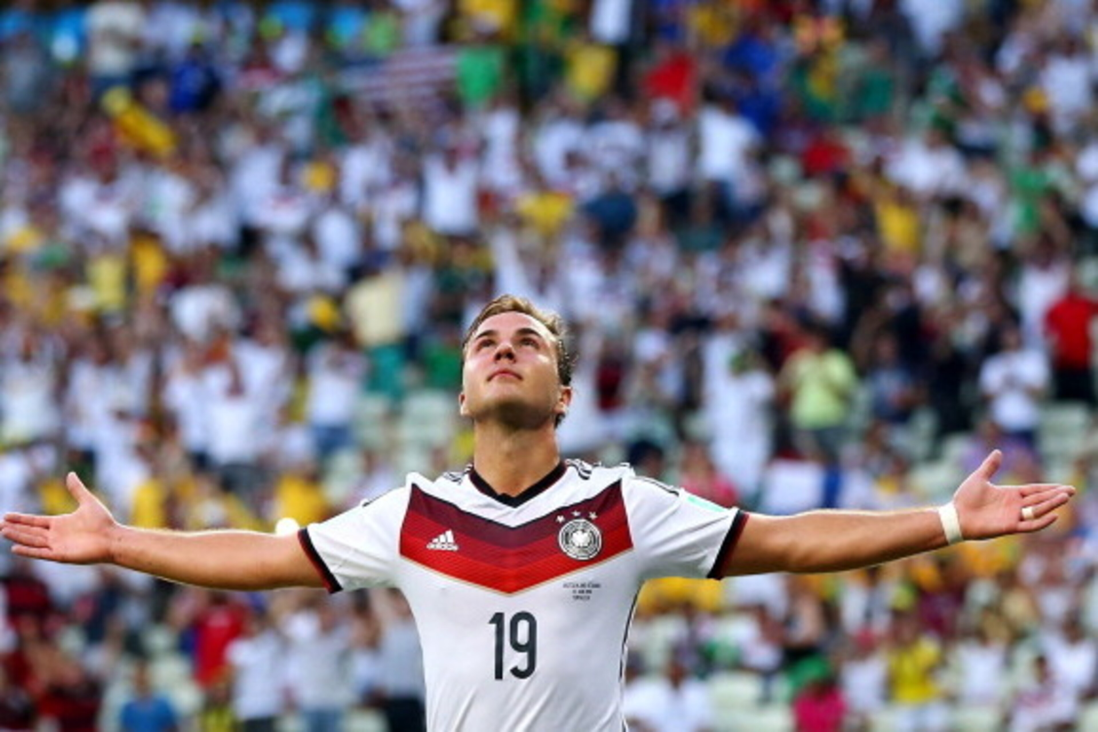 FORTALEZA, BRAZIL - JUNE 21:  Mario Goetze of Germany celebrates scoring his team's first goal during the 2014 FIFA World Cup Brazil Group G match between Germany and Ghana at Castelao on June 21, 2014 in Fortaleza, Brazil.  (Photo by Martin Rose/Getty Im