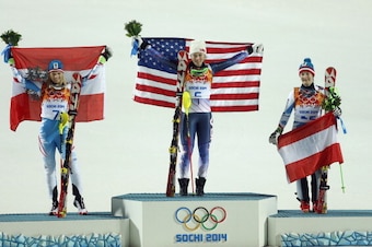 SOCHI, RUSSIA - FEBRUARY 21: (FRANCE OUT) Mikaela Shiffrin of the USA wins the gold medal, Marlies Schild of Austria wins the silver medal, Kathrin Zettel of Austria wins the bronze medal during the Alpine Skiing Women's Slalom at the Sochi 2014 Winter Ol