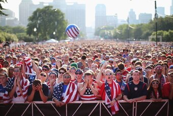 CHICAGO, IL - JUNE 22:  Fans gather in Grant Park to watch the U.S. play Portugal in a Group G World Cup soccer match on June 22, 2014 in Chicago, Illinois. Fans were turned away from the free event after a 10,000-person capacity was reached.  (Photo by S