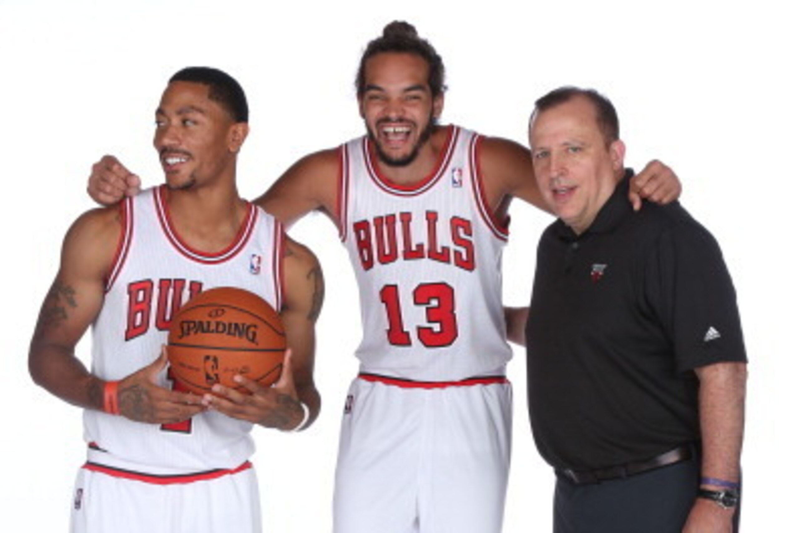 DEERFIELD, IL - SEPTEMBER 27:  Derrick Rose #1, Joakim Noah #13 and and Tom Thibodeau of the Chicago Bulls poses for a portrait during media day on September27, 2013 at Berto Center in Deerfield, Illinois. NOTE TO USER:  User expressly acknowledges and ag