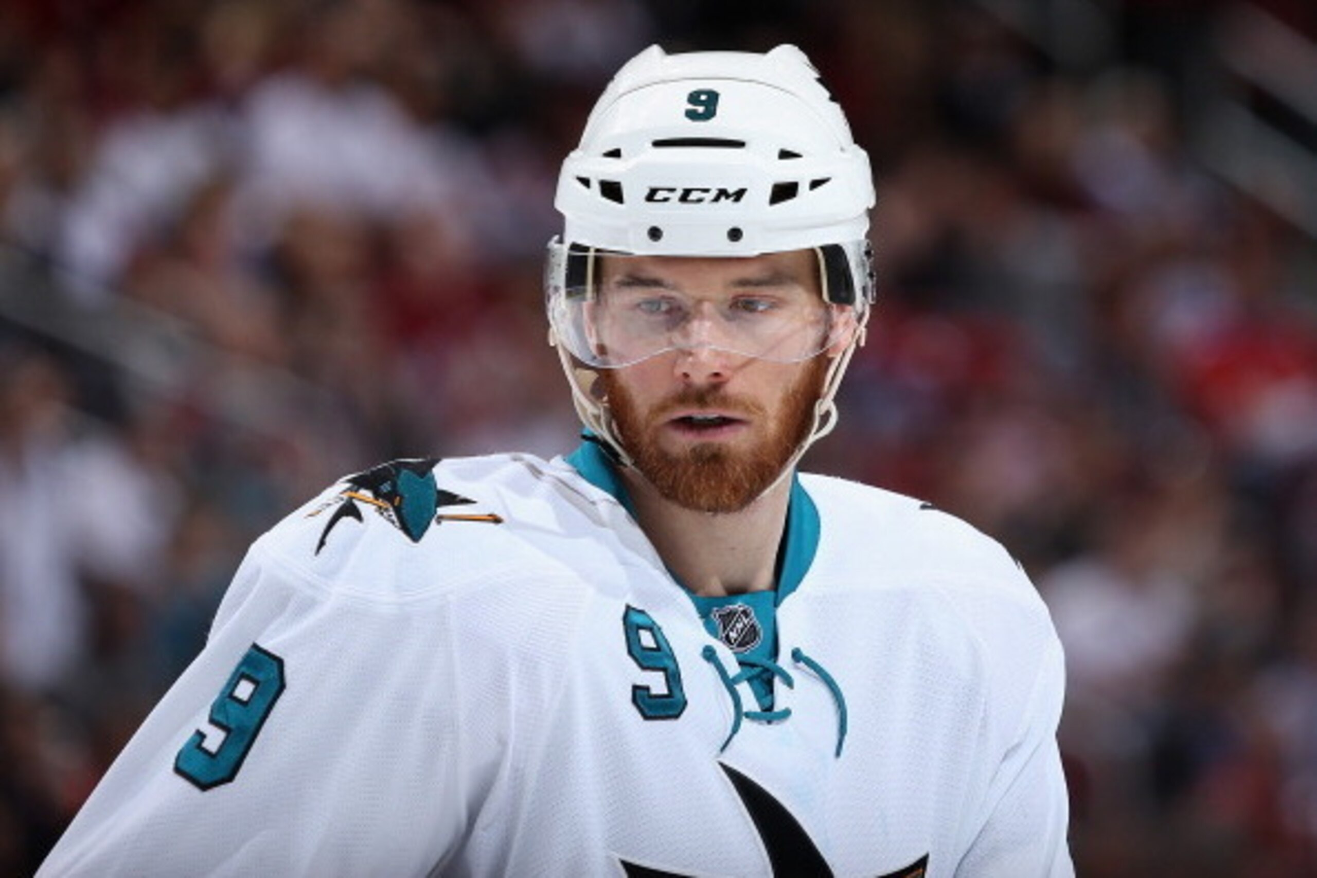 GLENDALE, AZ - APRIL 12:  Martin Havlat #9 of the San Jose Sharks awaits a face off during the NHL game against the Phoenix Coyotes at Jobing.com Arena on April 12, 2014 in Glendale, Arizona. The Sharks defeated the Coyotes 3-2.  (Photo by Christian Peter