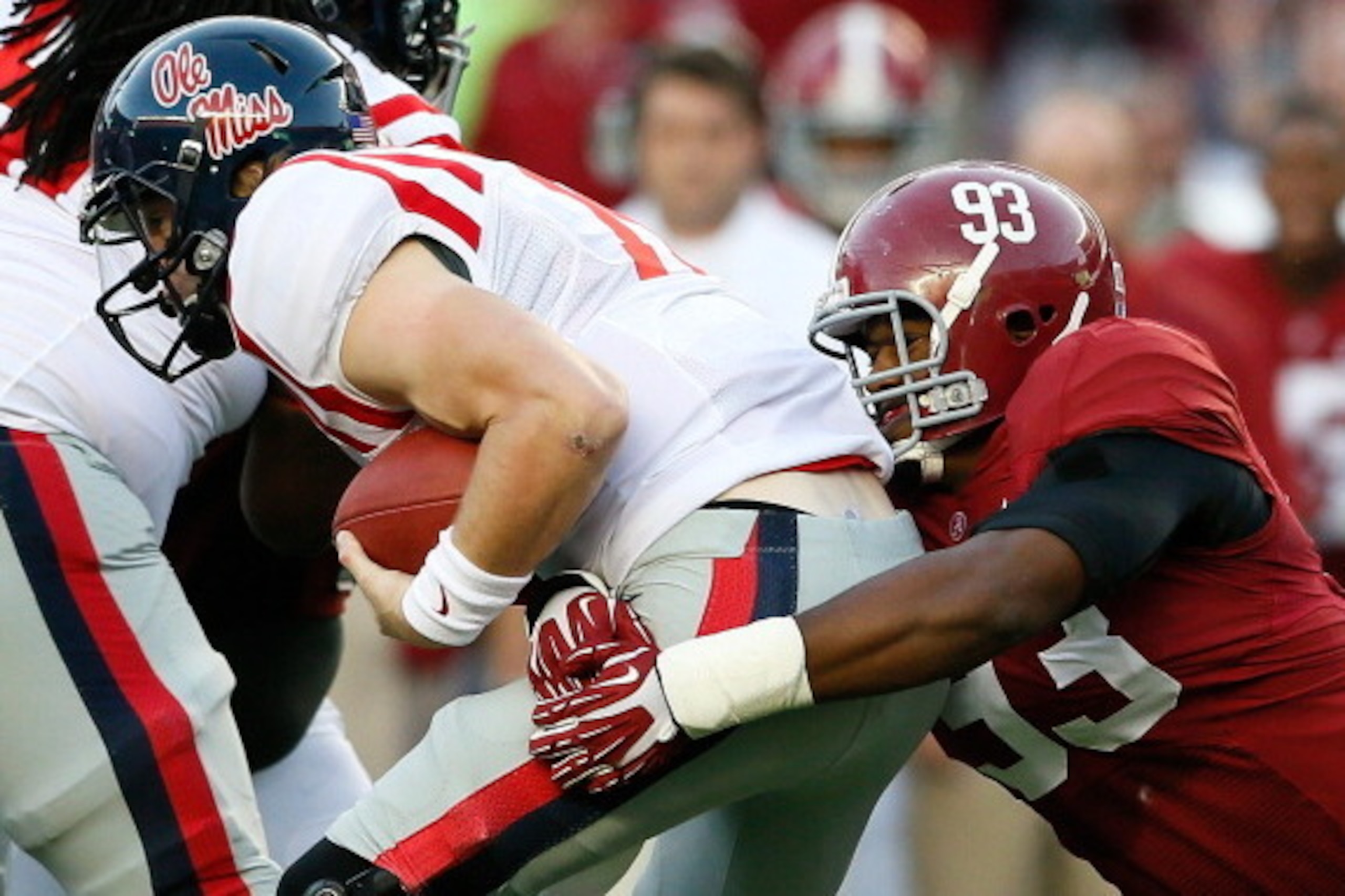 TUSCALOOSA, AL - SEPTEMBER 28: Jonathan Allen #93 of the Alabama Crimson Tide sacks Bo Wallace #14 of the Mississippi Rebels at Bryant-Denny Stadium on September 28, 2013 in Tuscaloosa, Alabama. (Photo by Kevin C. Cox/Getty Images) TUSCALOOSA, AL - SEPTEMBER 28: Jonathan Allen #93 of the Alabama Crimson Tide sacks Bo Wallace #14 of the Mississippi Rebels at Bryant-Denny Stadium on September 28, 2013 in Tuscaloosa, Alabama. (Photo by Kevin C. Cox/Getty Images)