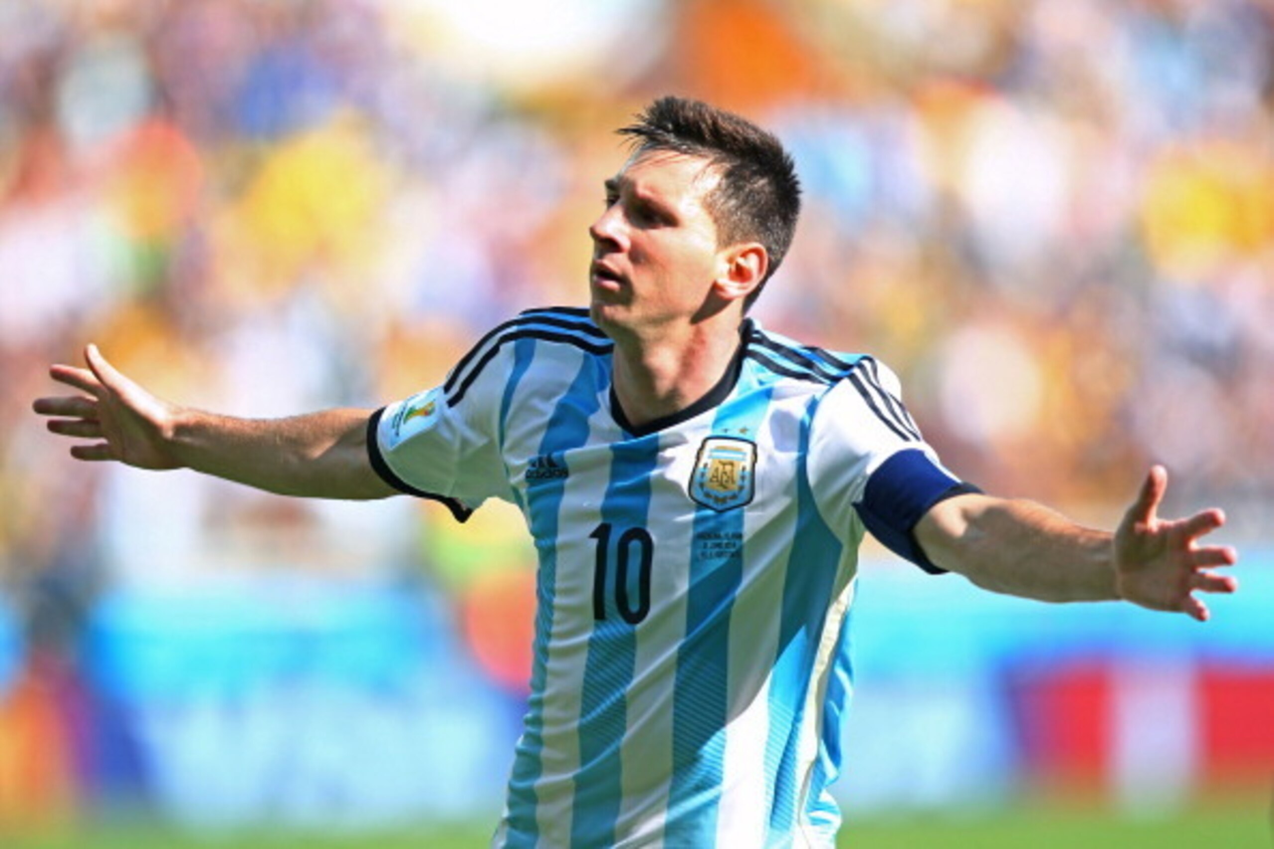 BELO HORIZONTE, BRAZIL - JUNE 21:  Lionel Messi of Argentina celebrates scoring his team's first goal during the 2014 FIFA World Cup Brazil Group F match between Argentina and Iran at Estadio Mineirao on June 21, 2014 in Belo Horizonte, Brazil.  (Photo by