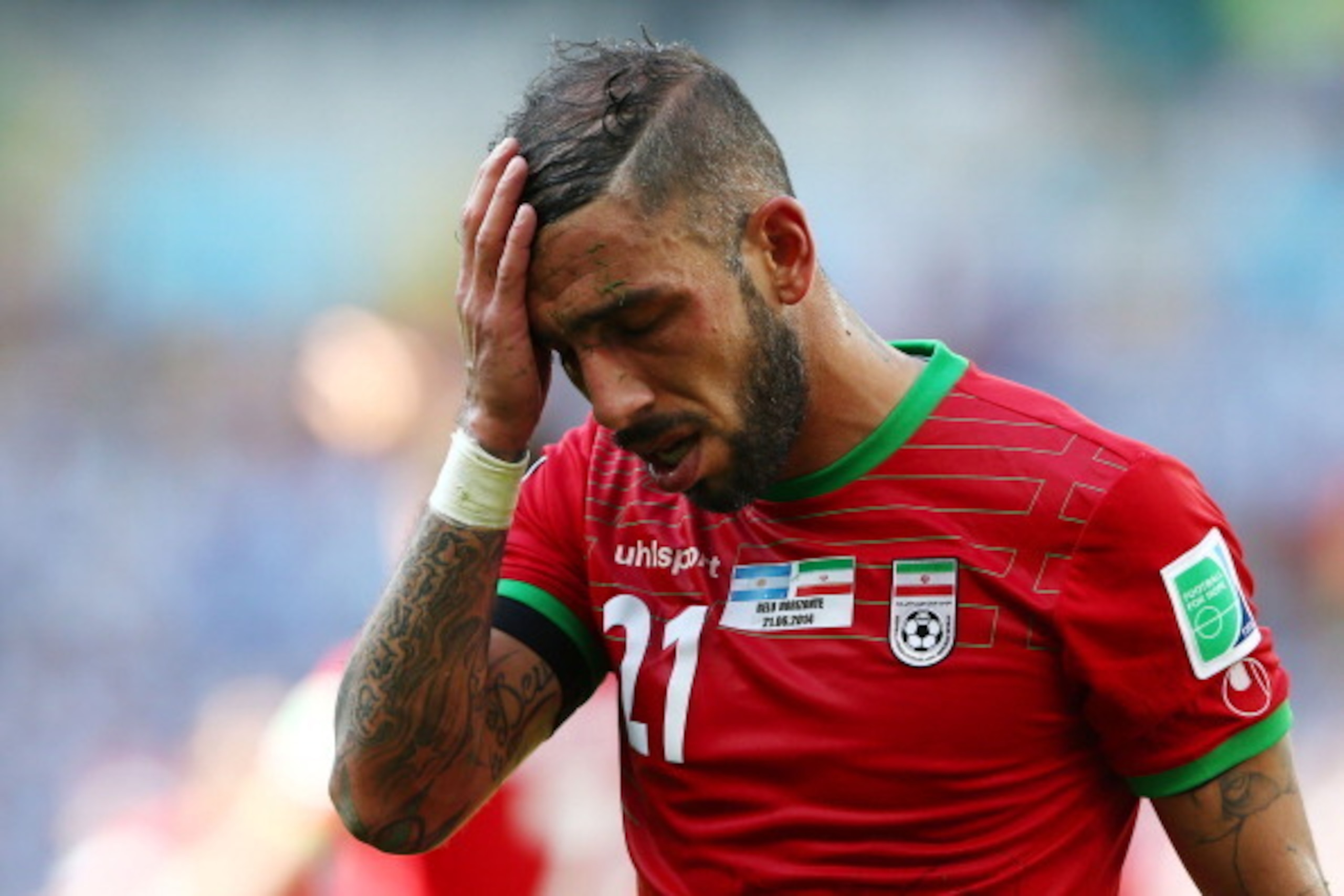 BELO HORIZONTE, BRAZIL - JUNE 21:  Ashkan Dejagah of Iran reacts after a missed chance during the 2014 FIFA World Cup Brazil Group F match between Argentina and Iran at Estadio Mineirao on June 21, 2014 in Belo Horizonte, Brazil.  (Photo by Quinn Rooney/G