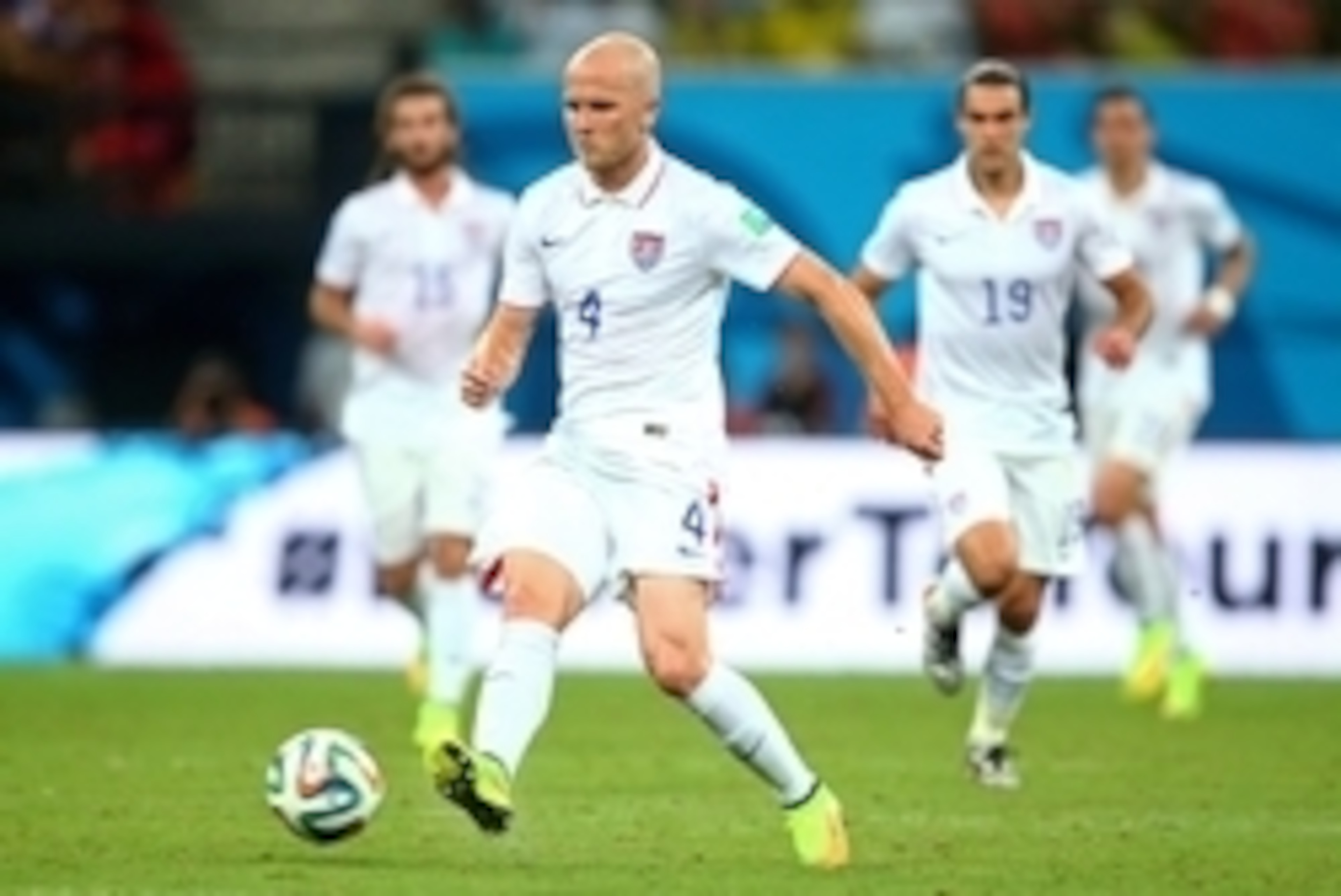 Jun 22, 2014; Manaus, Amazonas, BRAZIL; USA midfielder Michael Bradley (4) controls the ball in the second half against Portugal during the 2014 World Cup at Arena Amazonia. The game ended in a 2-2 draw. Mandatory Credit: Mark J. Rebilas-USA TODAY Sports