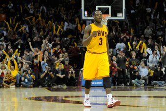 Feb 9, 2014; Cleveland, OH, USA; Cleveland Cavaliers shooting guard Dion Waiters (3) celebrates in the fourth quarter against the Memphis Grizzlies at Quicken Loans Arena. Mandatory Credit: David Richard-USA TODAY Sports