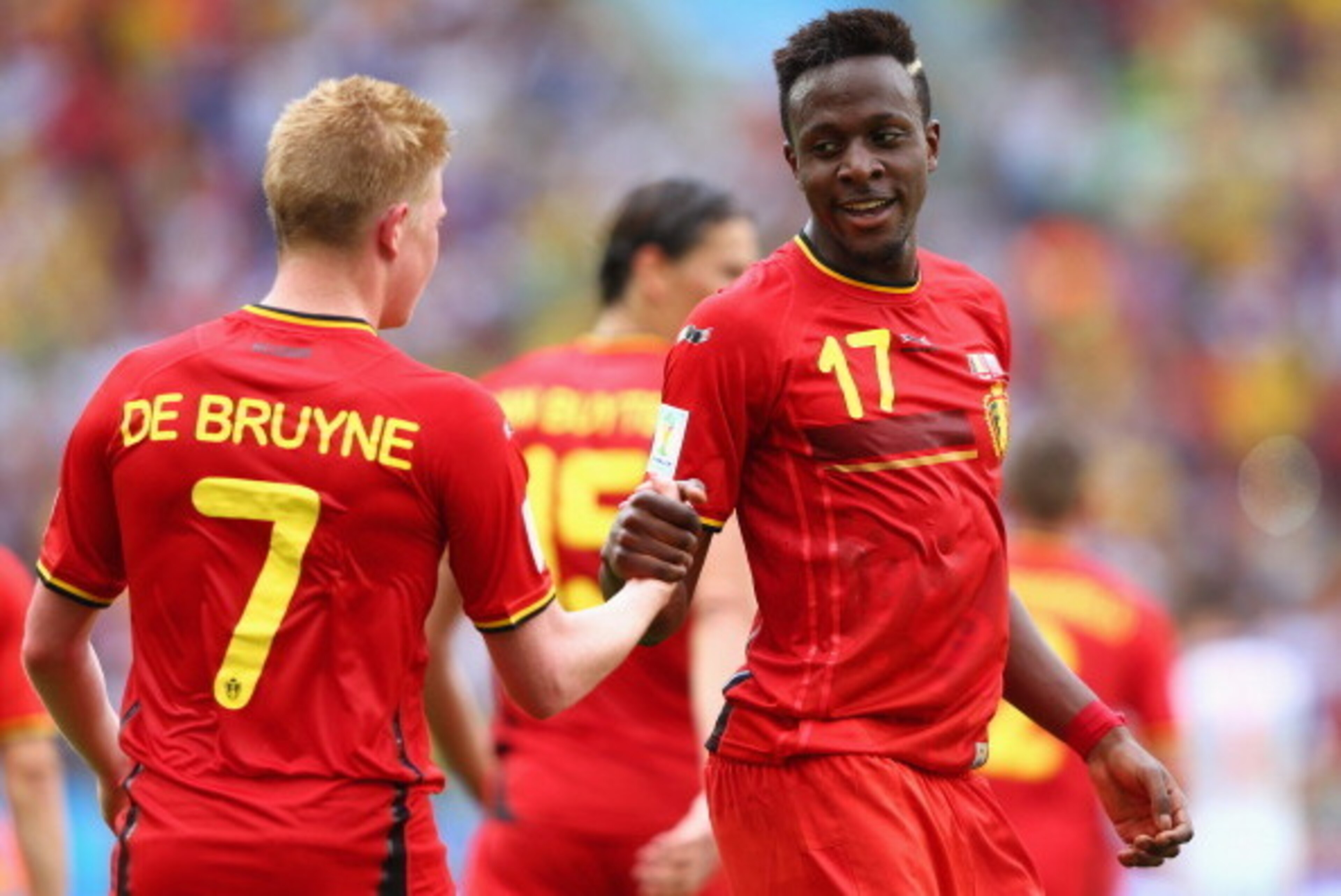 RIO DE JANEIRO, BRAZIL - JUNE 22: Divock Origi of Belgium (right) celebrates scoring his team's first goal with Kevin De Bruyne during the 2014 FIFA World Cup Brazil Group H match between Belgium and Russia at Maracana on June 22, 2014 in Rio de Janeiro, RIO DE JANEIRO, BRAZIL - JUNE 22: Divock Origi of Belgium (right) celebrates scoring his team's first goal with Kevin De Bruyne during the 2014 FIFA World Cup Brazil Group H match between Belgium and Russia at Maracana on June 22, 2014 in Rio de Janeiro,