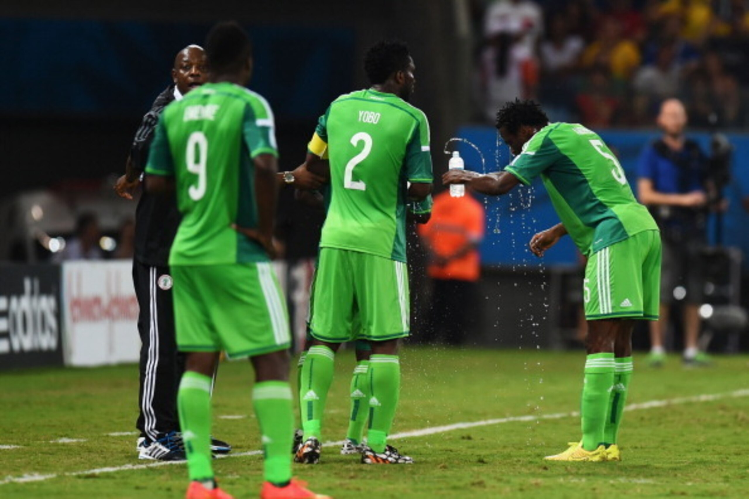 CUIABA, BRAZIL - JUNE 21: Nigeria players cool off during the 2014 FIFA World Cup Group F match between Nigeria and Bosnia-Herzegovina at Arena Pantanal on June 21, 2014 in Cuiaba, Brazil. (Photo by Stu Forster/Getty Images) CUIABA, BRAZIL - JUNE 21: Nigeria players cool off during the 2014 FIFA World Cup Group F match between Nigeria and Bosnia-Herzegovina at Arena Pantanal on June 21, 2014 in Cuiaba, Brazil. (Photo by Stu Forster/Getty Images)