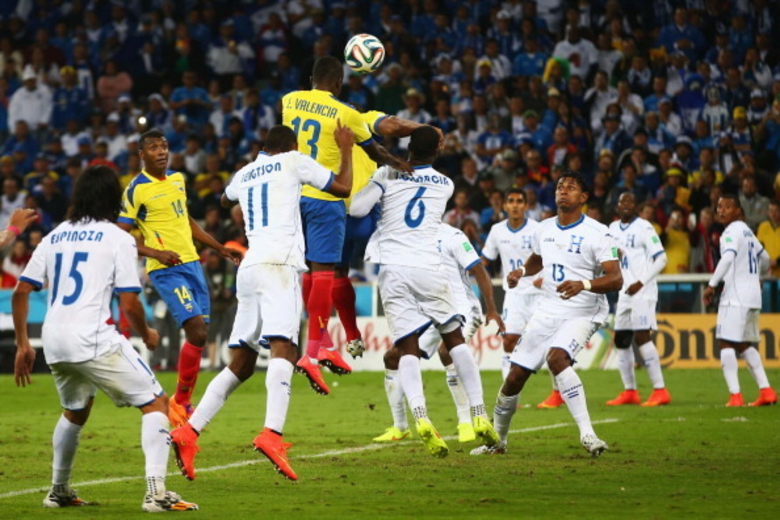 CURITIBA, BRAZIL - JUNE 20: Enner Valencia of Ecuador (13) scores his team's second goal during the 2014 FIFA World Cup Brazil Group E match between Honduras and Ecuador at Arena da Baixada on June 20, 2014 in Curitiba, Brazil. (Photo by Julian Finney/G CURITIBA, BRAZIL - JUNE 20: Enner Valencia of Ecuador (13) scores his team's second goal during the 2014 FIFA World Cup Brazil Group E match between Honduras and Ecuador at Arena da Baixada on June 20, 2014 in Curitiba, Brazil. (Photo by Julian Finney/G
