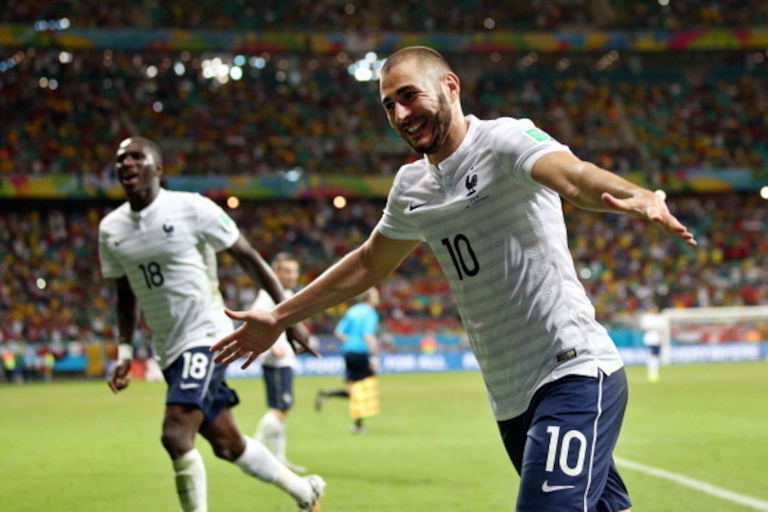 SALVADOR, BRAZIL - JUNE 20:  Karim Benzema of France celebrates a goal that came after the referee had blown full time during the 2014 FIFA World Cup Brazil Group E match between Switzerland and France at Arena Fonte Nova on June 20, 2014 in Salvador, Bra