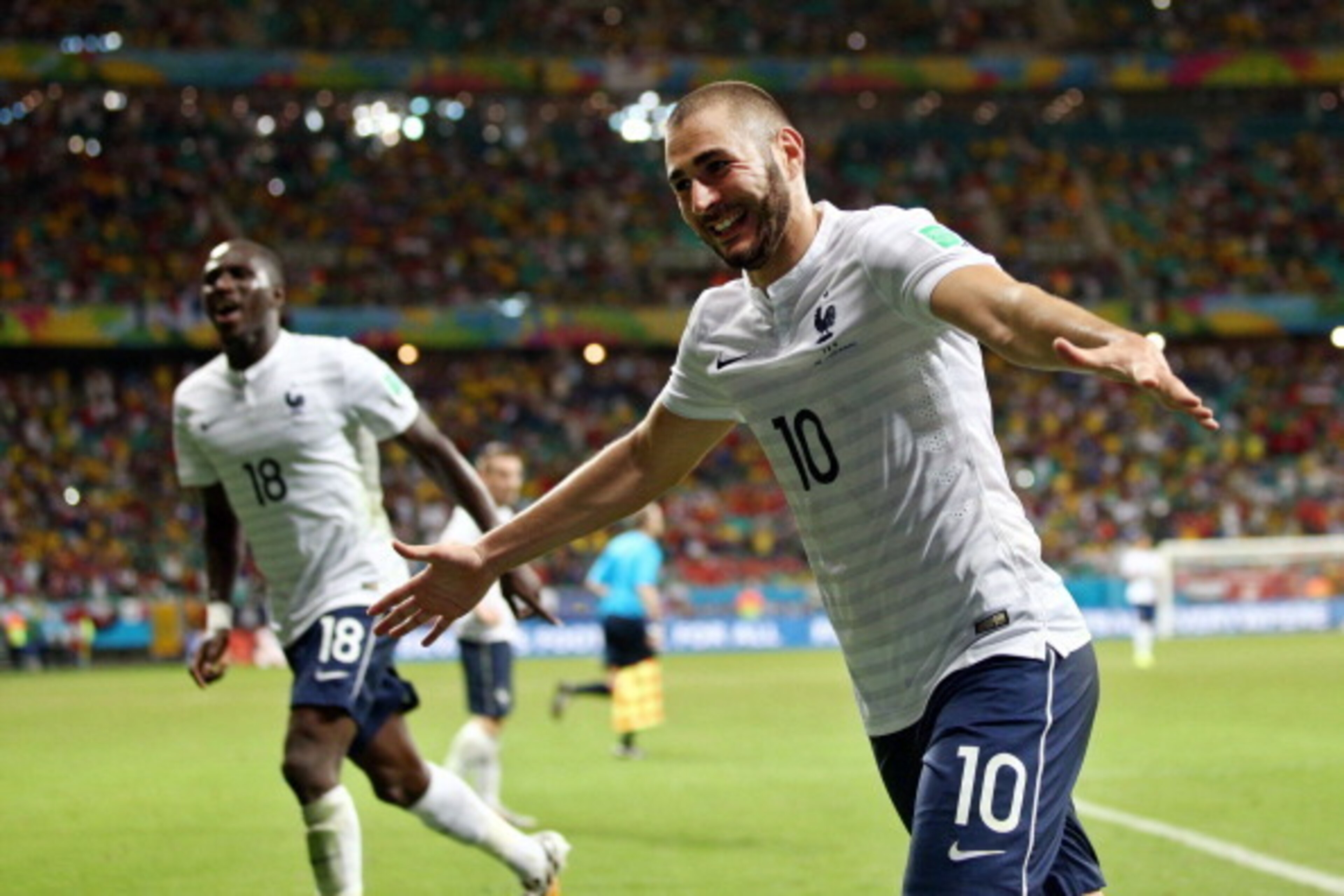 SALVADOR, BRAZIL - JUNE 20:  Karim Benzema of France celebrates a goal that came after the referee had blown full time during the 2014 FIFA World Cup Brazil Group E match between Switzerland and France at Arena Fonte Nova on June 20, 2014 in Salvador, Bra