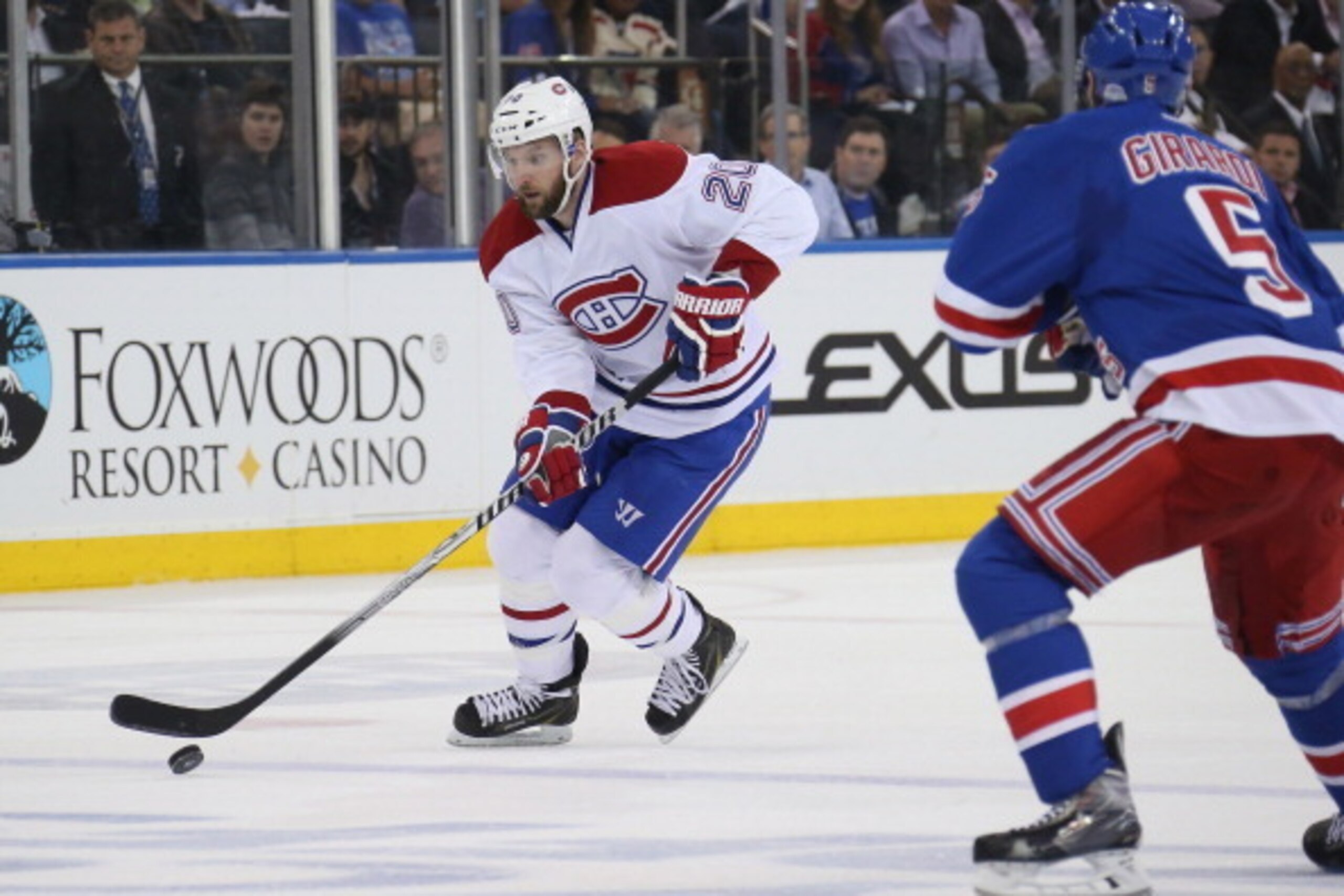 NEW YORK, NY - MAY Thomas Vanek #20 of the Montreal Canadiens plays the puck against the New York Rangers during Game Six of the Eastern Conference Final in the 2014 NHL Stanley Cup Playoffs at Madison Square Garden on May 29, 2014 in New York City. Range