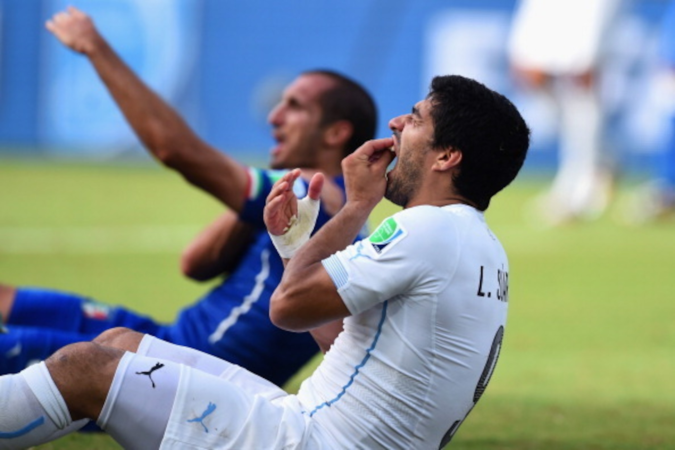 NATAL, BRAZIL - JUNE 24:  Luis Suarez of Uruguay and Giorgio Chiellini of Italy react after a clash during the 2014 FIFA World Cup Brazil Group D match between Italy and Uruguay at Estadio das Dunas on June 24, 2014 in Natal, Brazil.  (Photo by Matthias H