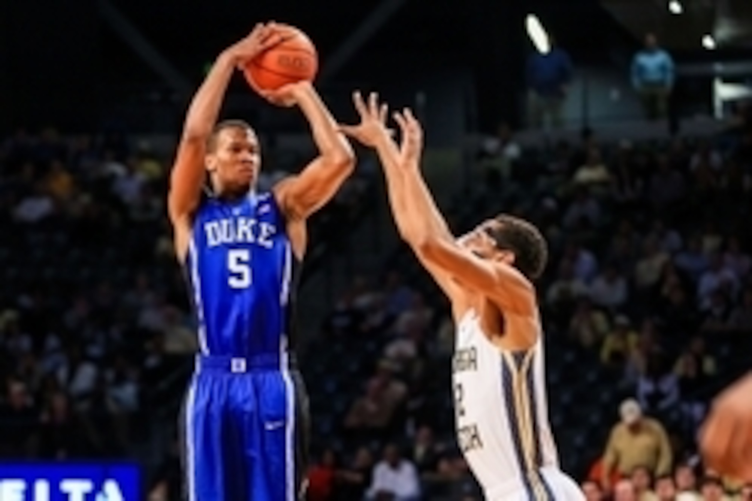 Feb 18, 2014; Atlanta, GA, USA; Duke Blue Devils forward Rodney Hood (5) shoots over Georgia Tech Yellow Jackets forward Quinton Stephens (12) in the second half at Hank McCamish Pavilion. Duke won 68-51. Mandatory Credit: Daniel Shirey-USA TODAY Sports Feb 18, 2014; Atlanta, GA, USA; Duke Blue Devils forward Rodney Hood (5) shoots over Georgia Tech Yellow Jackets forward Quinton Stephens (12) in the second half at Hank McCamish Pavilion. Duke won 68-51. Mandatory Credit: Daniel Shirey-USA TODAY Sports
