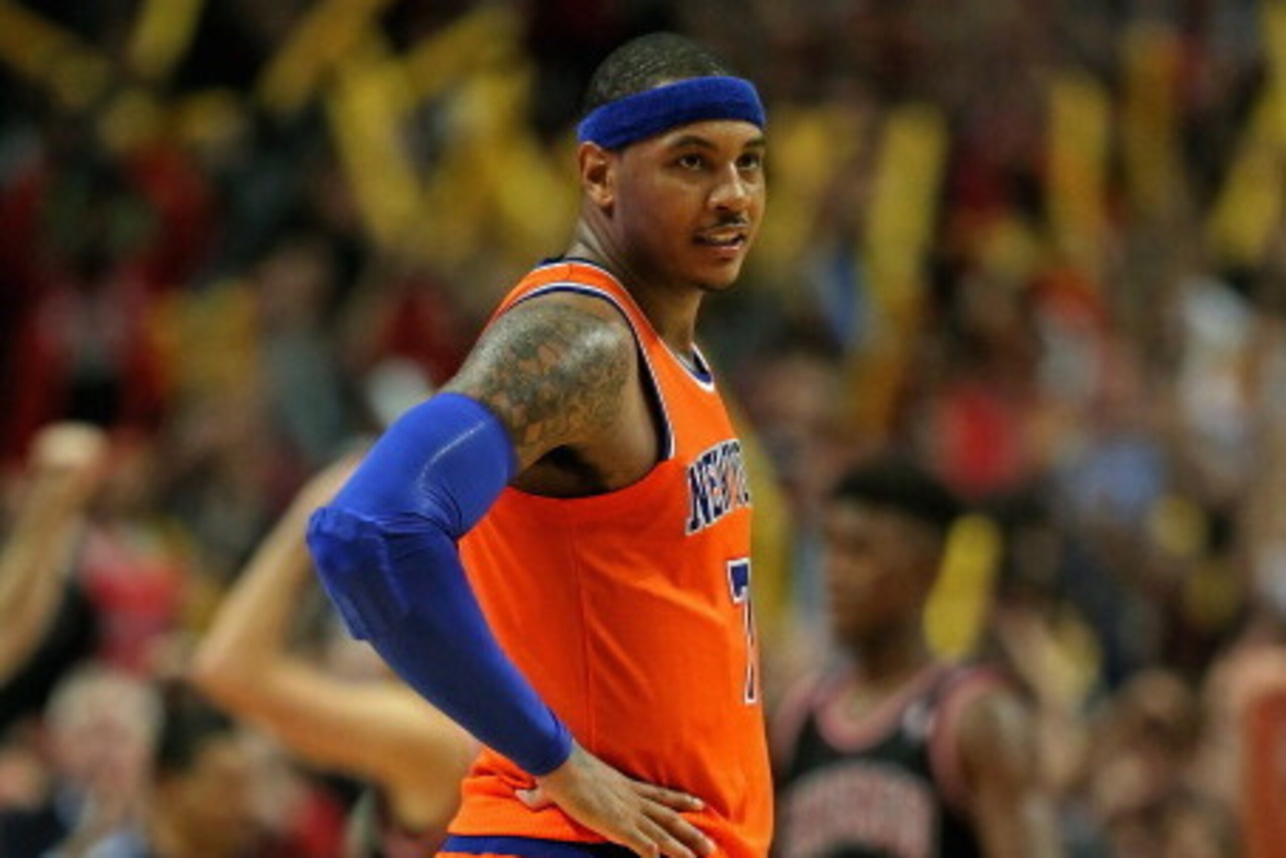 CHICAGO, IL - OCTOBER 31: Carmelo Anthony #7 of the New York Knicks reacts after missing the last shot of the game against the Chicago Bulls at the United Center on October 31, 2013 in Chicago, Illinois. The Bulls defeated the Knicks 82-81. NOTE TO USER: 