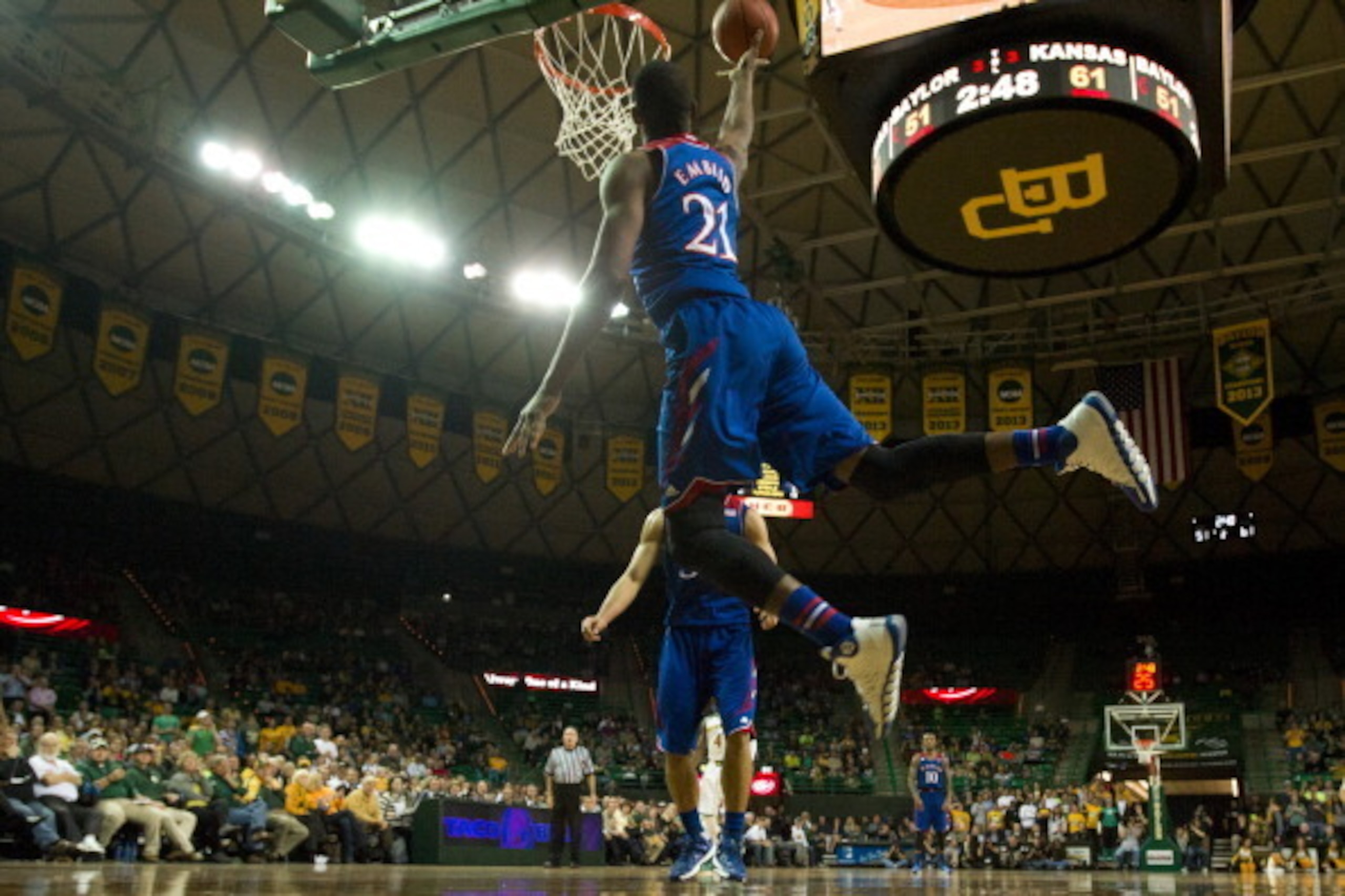 WACO, TX - FEBRUARY 04:  Joel Embiid #21 of the Kansas Jayhawks goes up for a shot against the Baylor Bears on February 4, 2014 at the Ferrell Center in Waco, Texas.  (Photo by Cooper Neill/Getty Images)