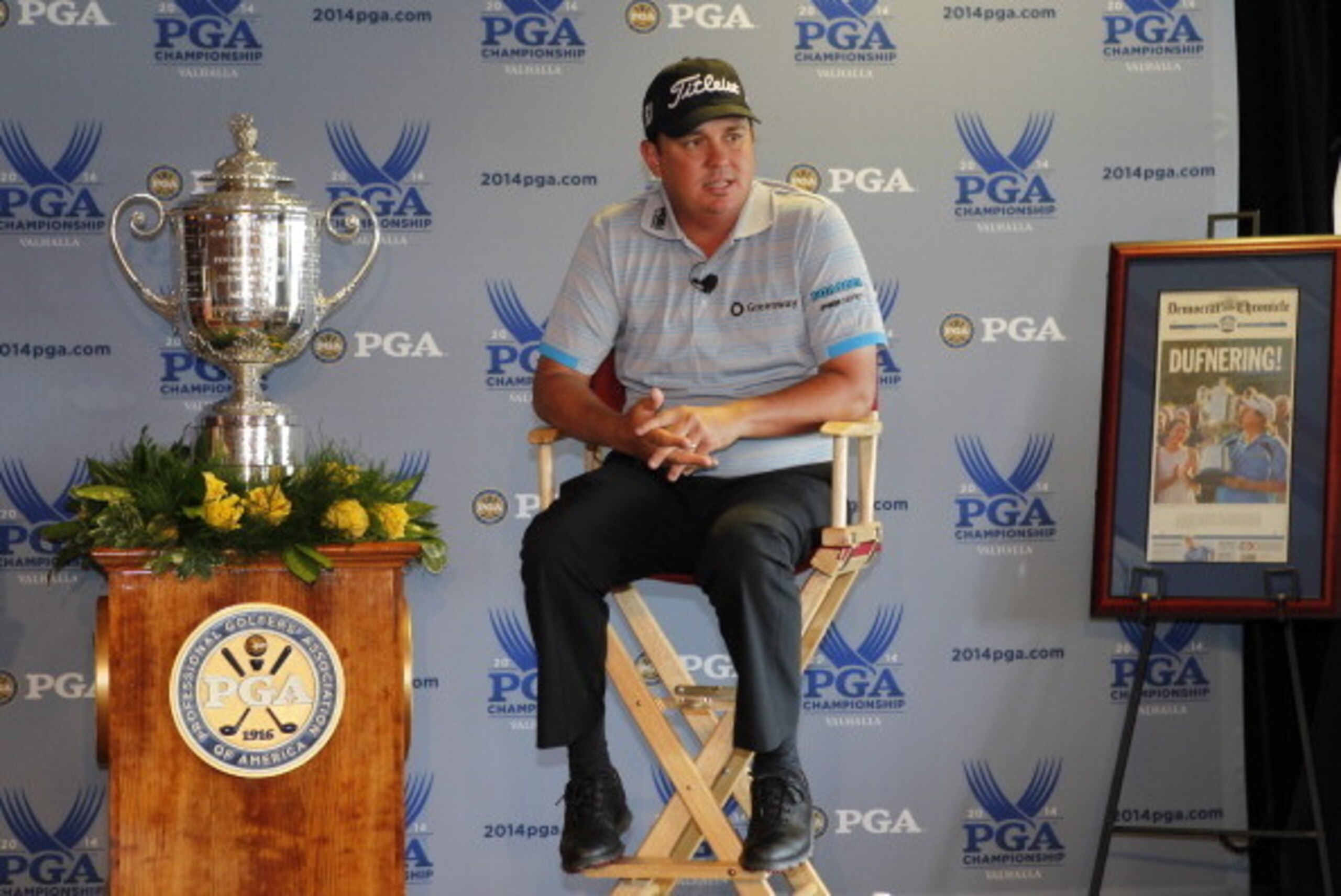 LOUISVILLE, KY - JUNE 18: Jason Dufner 2013 PGA Championship winner addresses members of the media  during 2014 PGA Championship Media Day at Churchill Down on June 18, 2014 in Louisville, Kentucky.  (Photo by John Sommers II/Getty Images)