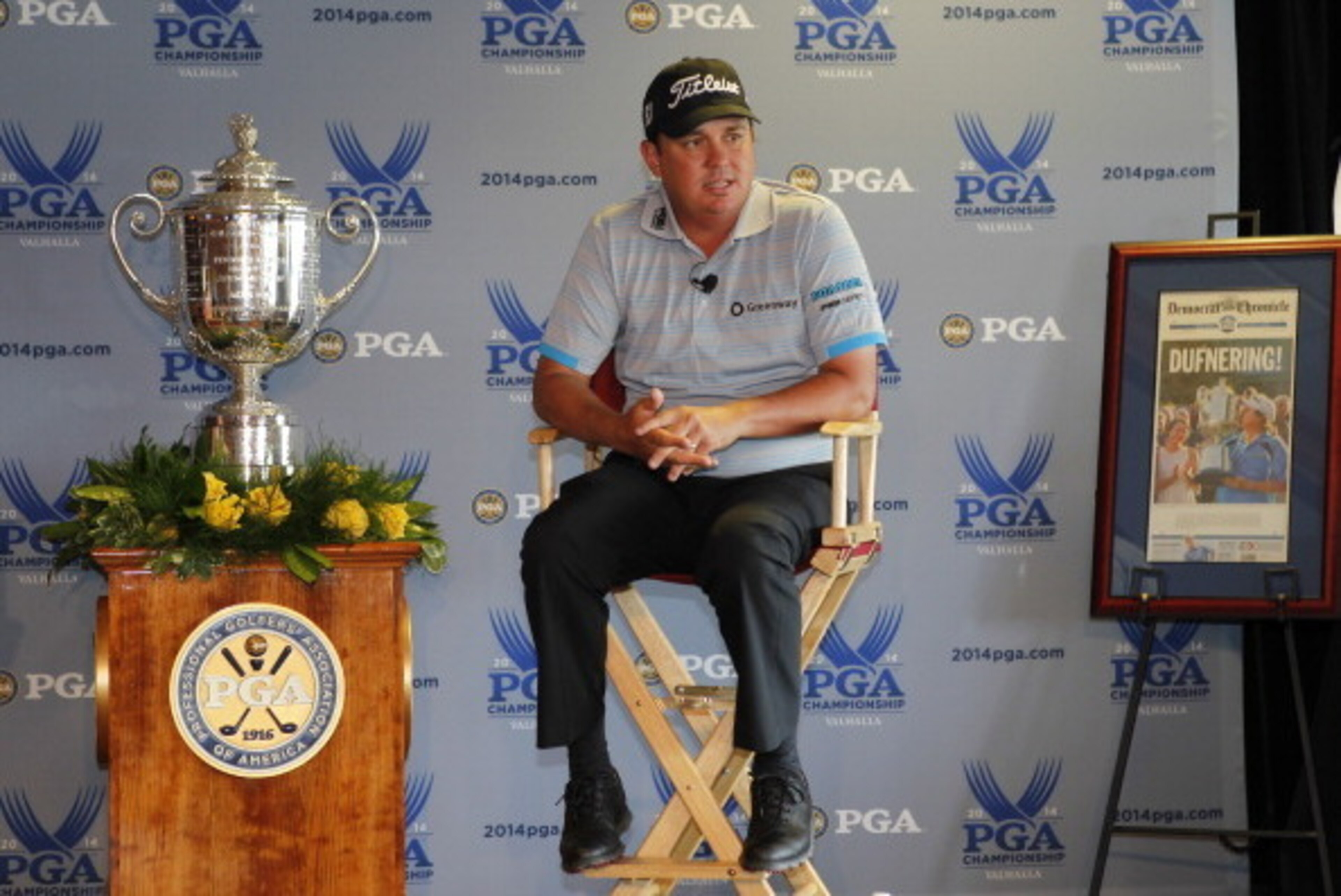 LOUISVILLE, KY - JUNE 18: Jason Dufner 2013 PGA Championship winner addresses members of the media  during 2014 PGA Championship Media Day at Churchill Down on June 18, 2014 in Louisville, Kentucky.  (Photo by John Sommers II/Getty Images)