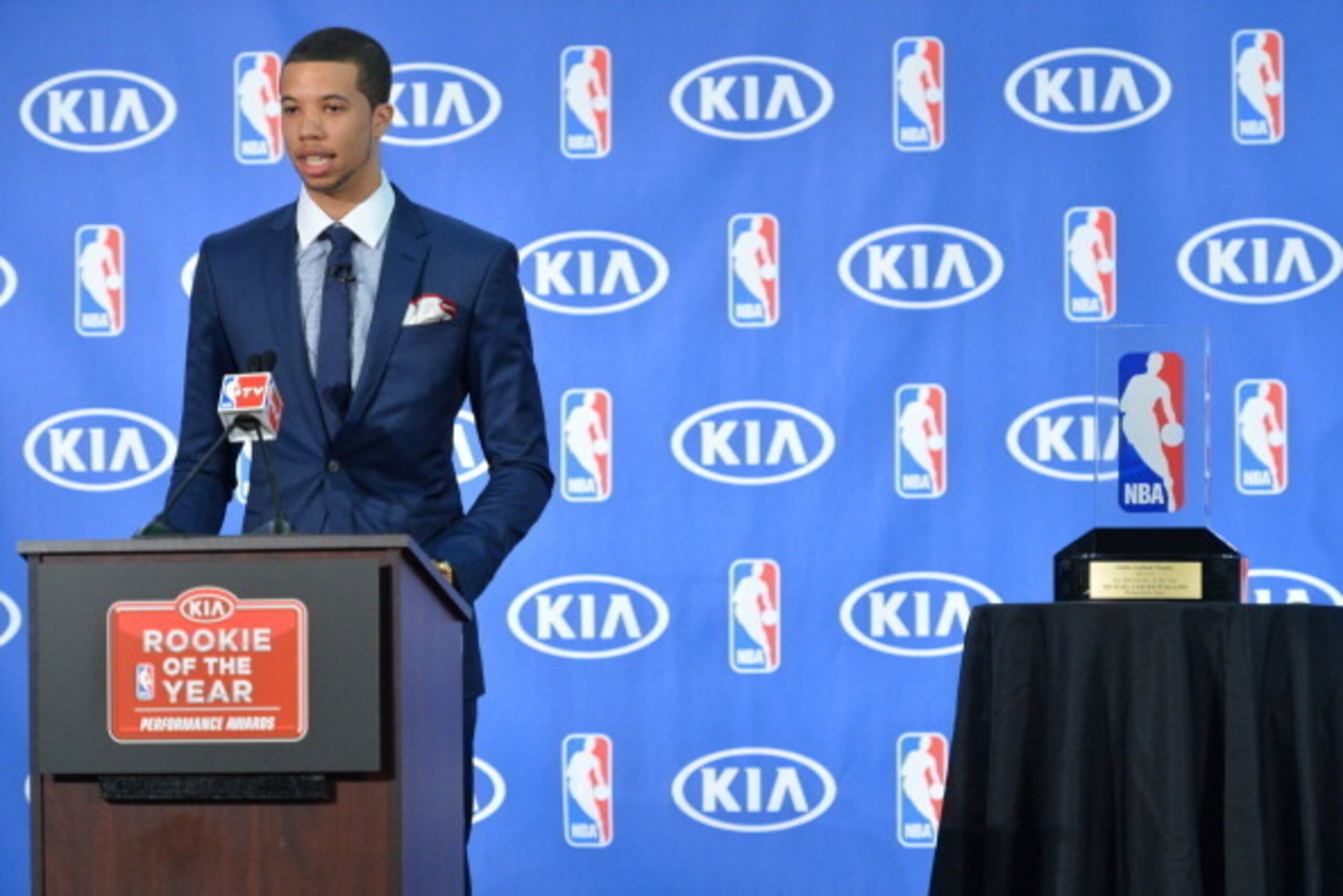 PHILADELPHIA, PA - MAY 5: Michael Carter-Williams of the Philadelphia 76ers speaks to the media for being named the 2013-14 Kia NBA Rookie of the Year at the Philadelphia College of Osteopathic Medicine on May 5, 2014 in Philadelphia, Pennsylvania. NOTE T