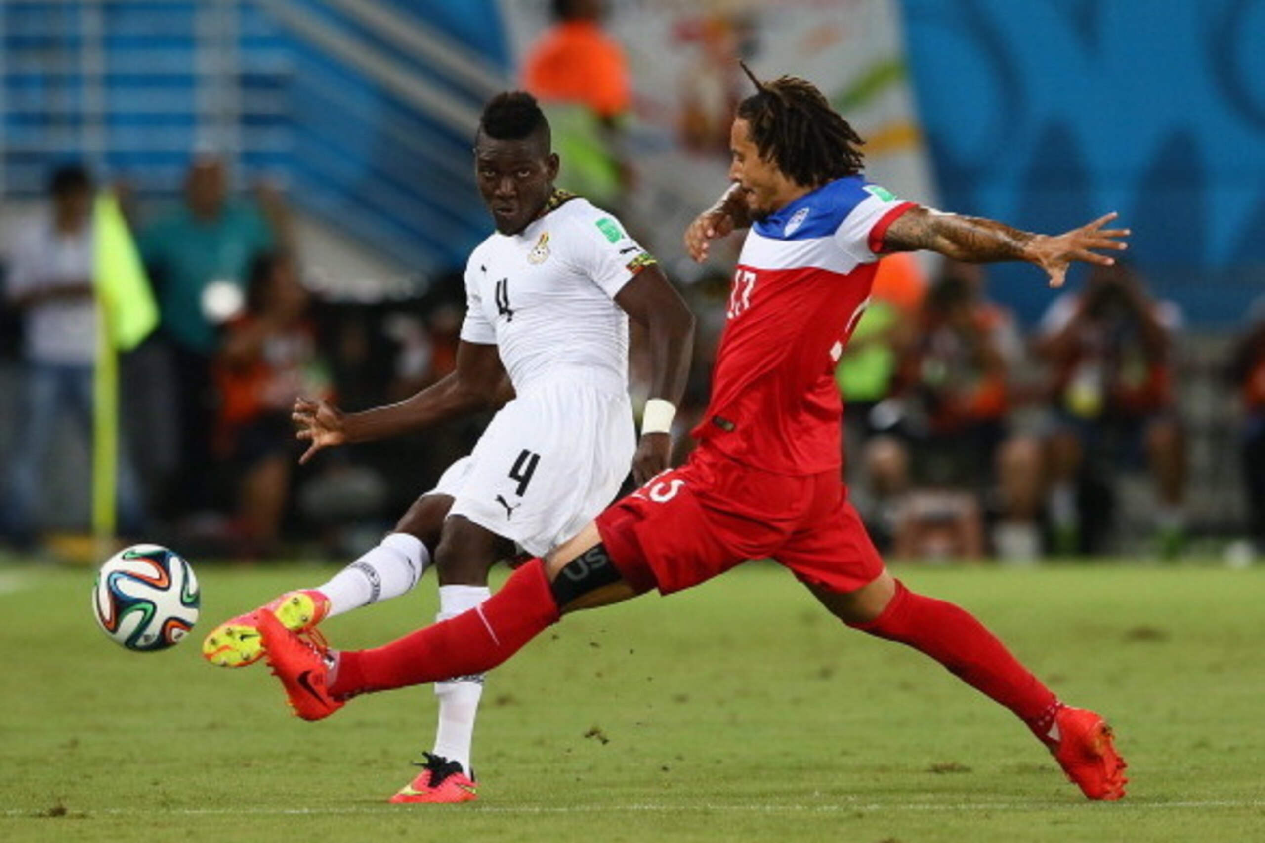 NATAL, BRAZIL - JUNE 16:  Daniel Opare of Ghana and Jermaine Jones of the United States during the 2014 FIFA World Cup Brazil Group G match between Ghana and the United States at Estadio das Dunas on June 16, 2014 in Natal, Brazil.  (Photo by Kevin C. Cox