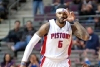 Mar 31, 2014; Auburn Hills, MI, USA; Detroit Pistons forward Josh Smith (6) celebrates after scoring during the fourth quarter against the Milwaukee Bucks at The Palace of Auburn Hills. Pistons won 116-111. Mandatory Credit: Tim Fuller-USA TODAY Sports