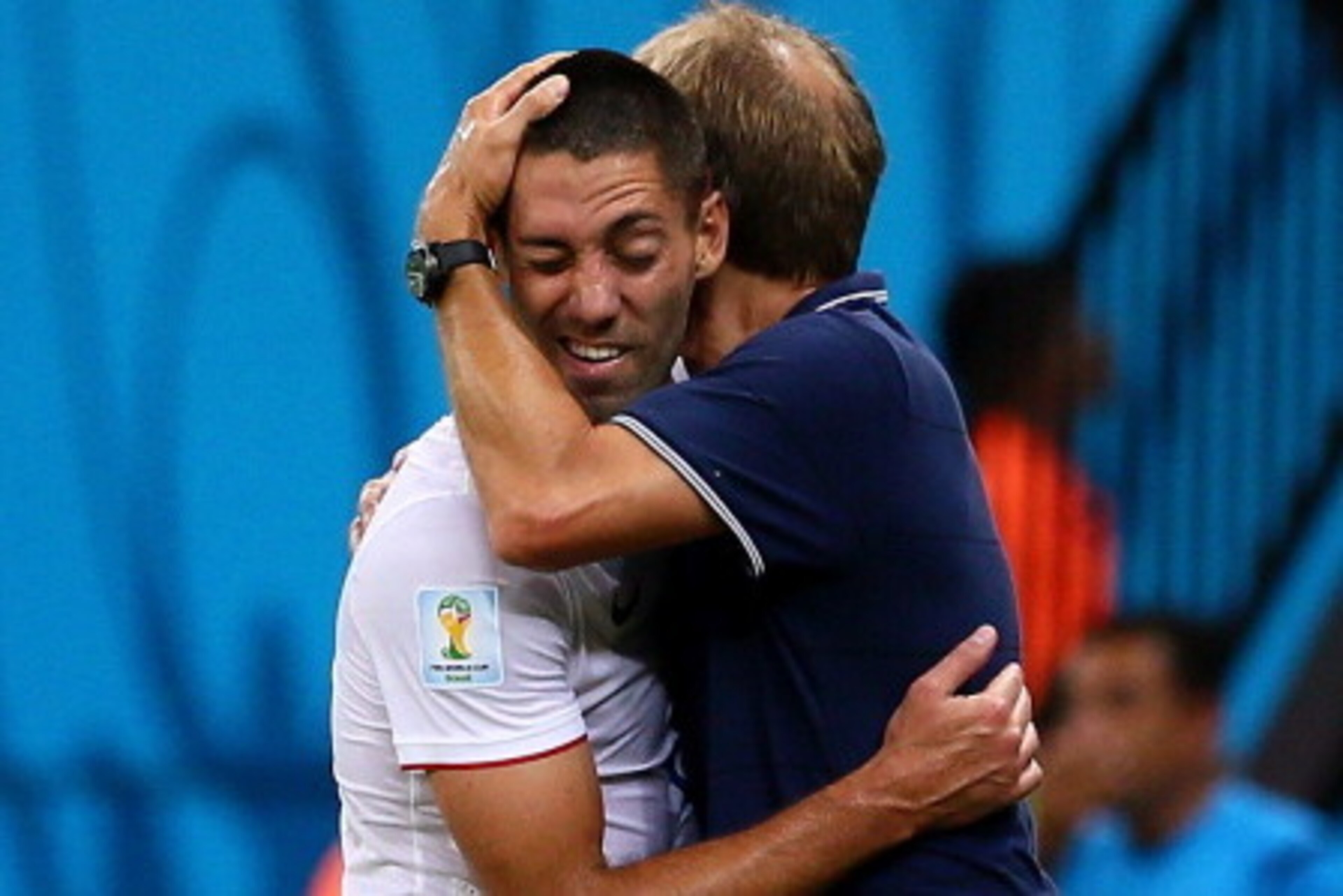 MANAUS, BRAZIL - JUNE 22:  Head coach Jurgen Klinsmann of the United States hugs Clint Dempsey of the United States as he exits the game during the 2014 FIFA World Cup Brazil Group G match between the United States and Portugal at Arena Amazonia on June 2