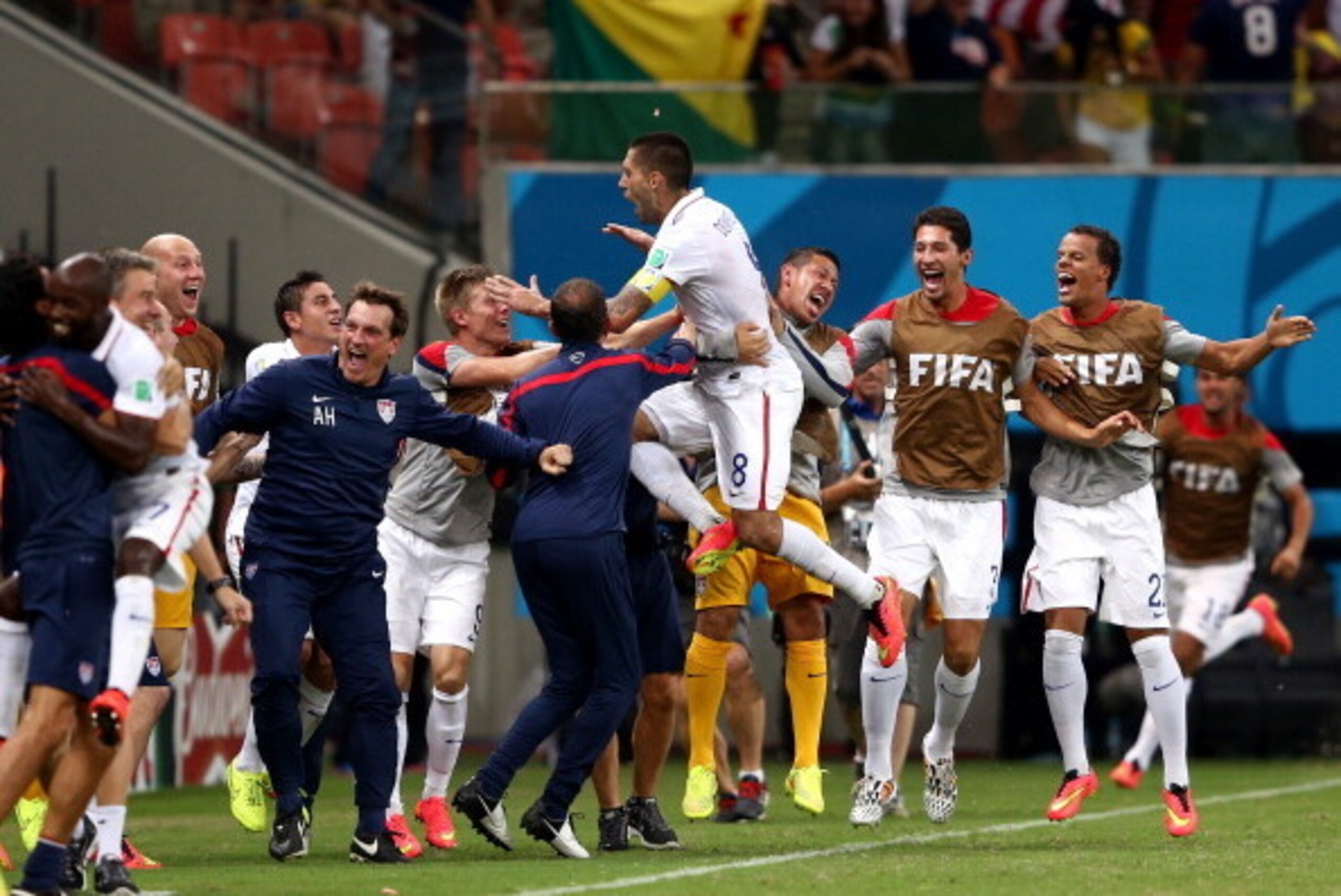 MANAUS, BRAZIL - JUNE 22:  Clint Dempsey of the United States celebrates with teammates after scoring his team's second goal during the 2014 FIFA World Cup Brazil Group G match between the United States and Portugal at Arena Amazonia on June 22, 2014 in M