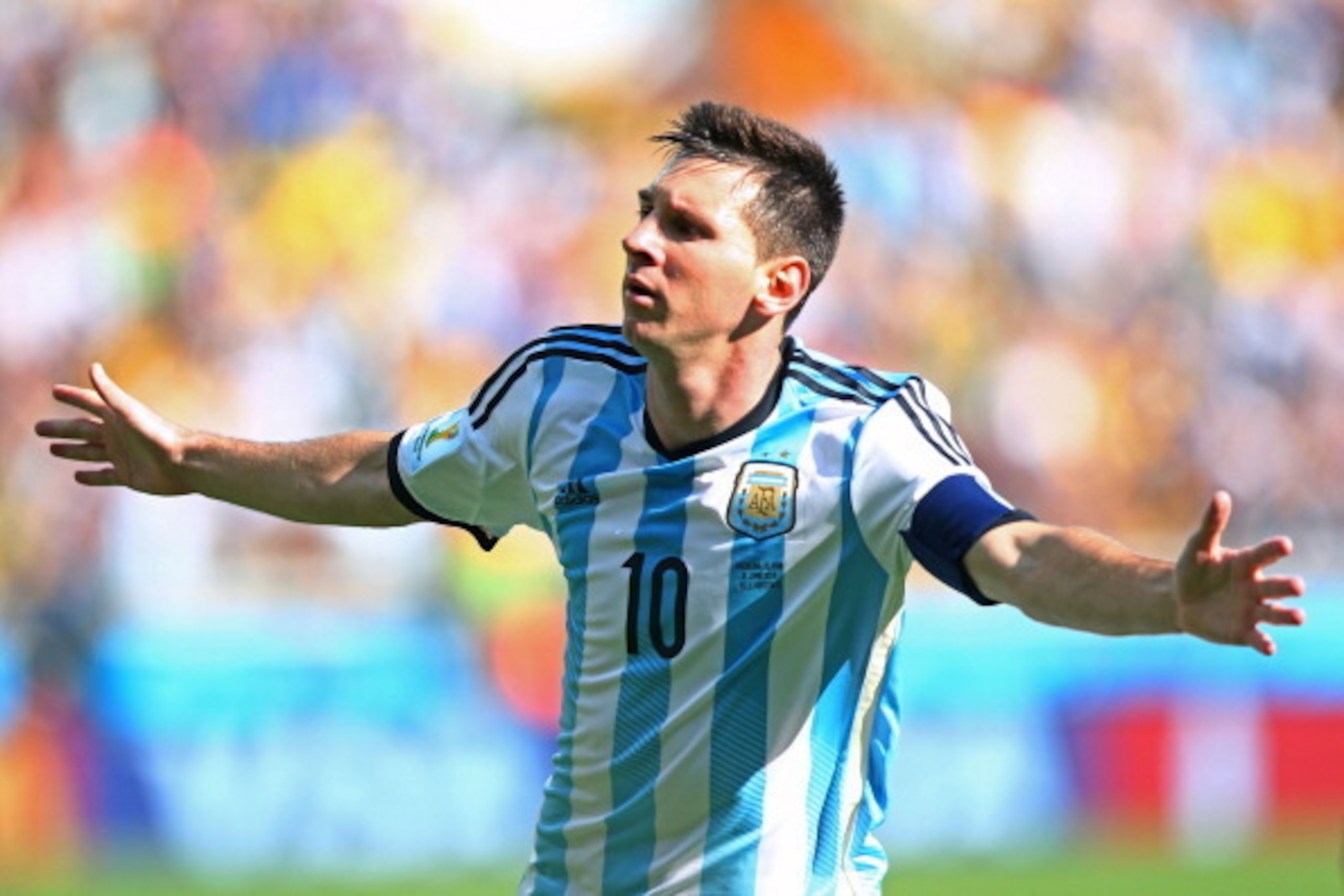 BELO HORIZONTE, BRAZIL - JUNE 21:  Lionel Messi of Argentina celebrates scoring his team's first goal during the 2014 FIFA World Cup Brazil Group F match between Argentina and Iran at Estadio Mineirao on June 21, 2014 in Belo Horizonte, Brazil.  (Photo by