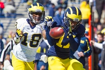 No. 17 Freddy Canteen being covered by Blake Countess during the Michigan Spring Game