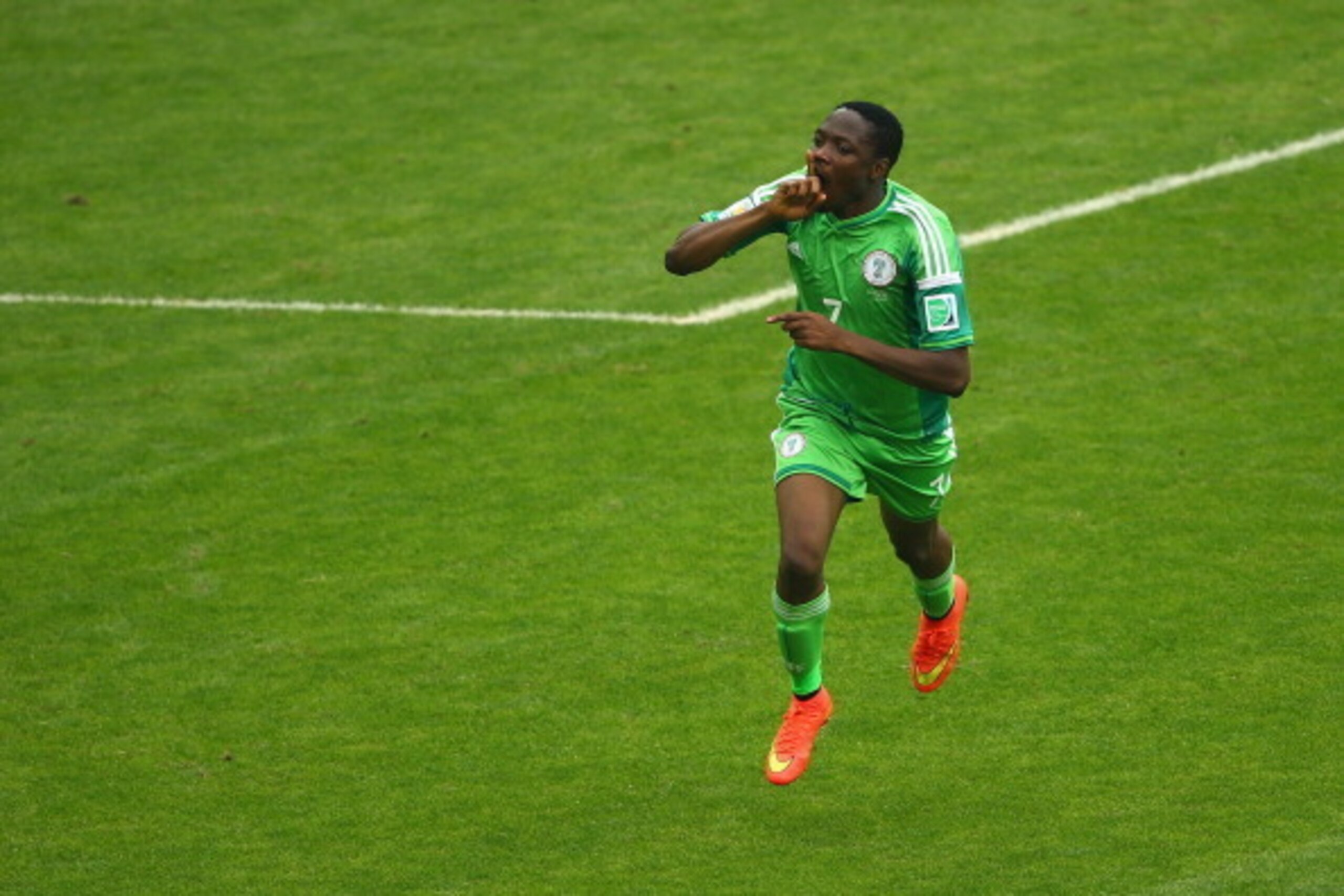 PORTO ALEGRE, BRAZIL - JUNE 25:  Ahmed Musa of Nigeria celebrates scoring his team's second goal and his second of the game during the 2014 FIFA World Cup Brazil Group F match between Nigeria and Argentina at Estadio Beira-Rio on June 25, 2014 in Porto Al