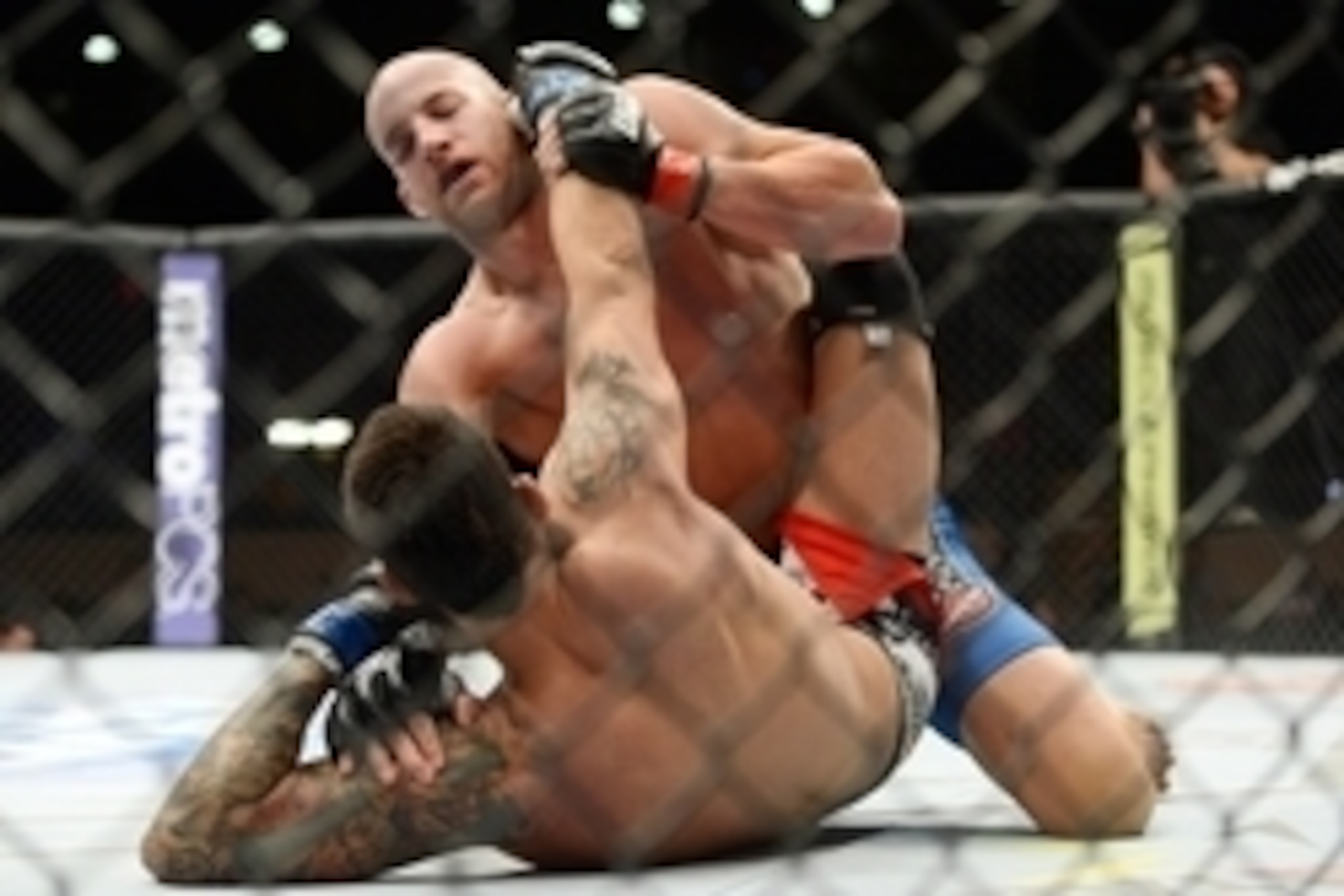 Jun 7, 2014; Albuquerque, NM, USA; Patrick Cummins (red) and Roger Narvaez (blue) fight during their light heavyweight bout during UFC Fight Night 42 at Tingley Coliseum. Cummins won via second round stoppage. Mandatory Credit: Joe Camporeale-USA TODAY Sp