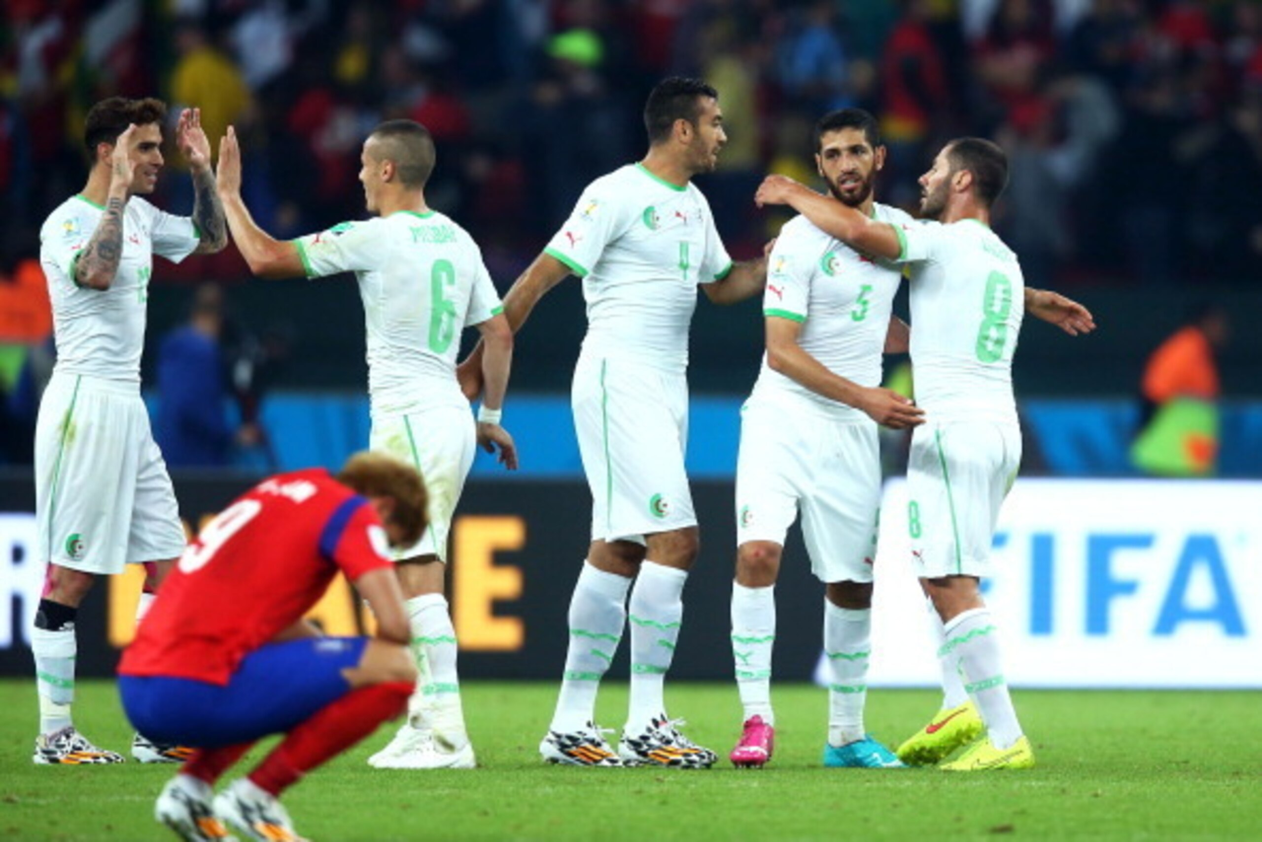 PORTO ALEGRE, BRAZIL - JUNE 22: (L-R) Carl Medjani, Djamel Mesbah, Essaid Belkalem, Rafik Halliche and Medhi Lacen of Algeria celebrate after defeating South Korea 4-2 during the 2014 FIFA World Cup Brazil Group H match between South Korea and Algeria at 