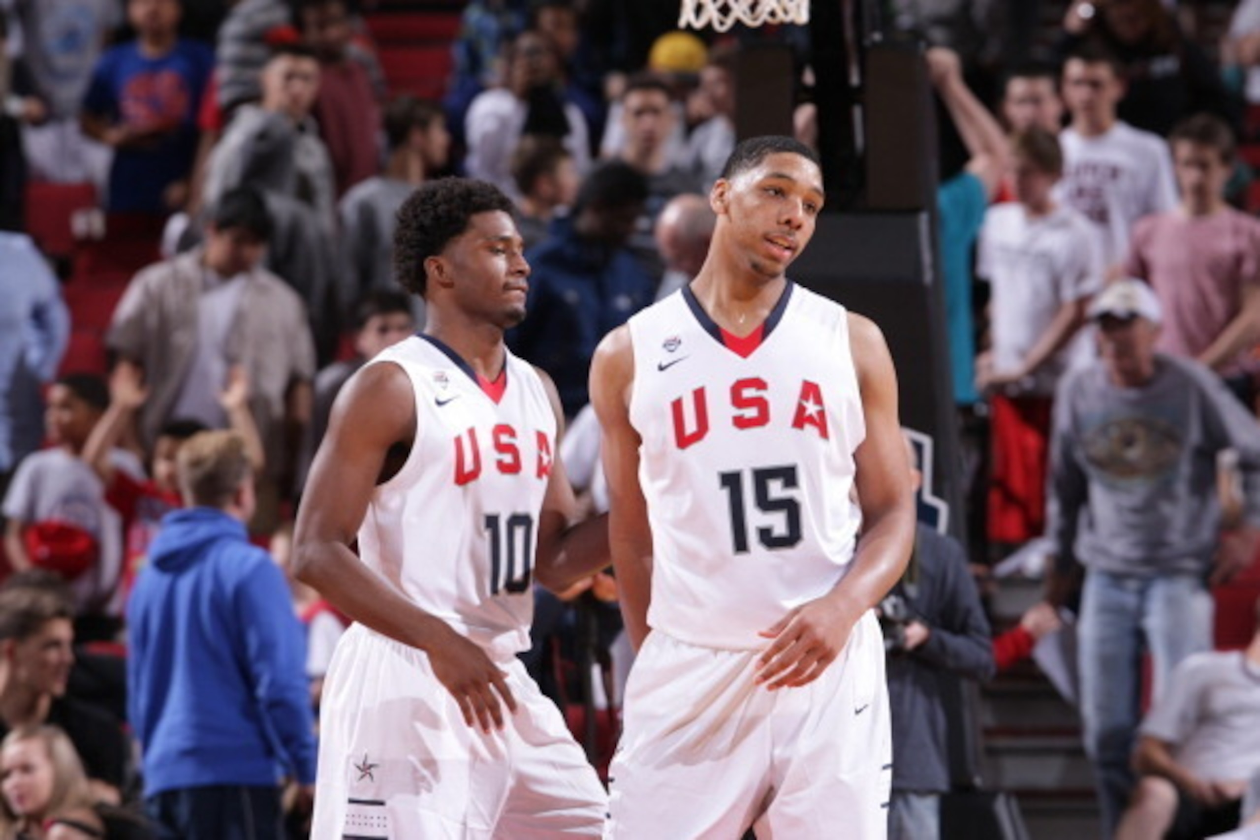 PORTLAND, OR - APRIL 12:  Justise Winslow #10 and Jahlil Okafor #15 of the USA team celebrate during the game against the World Team on April 12, 2014 at the Moda Center Arena in Portland, Oregon. NOTE TO USER: User expressly acknowledges and agrees that,