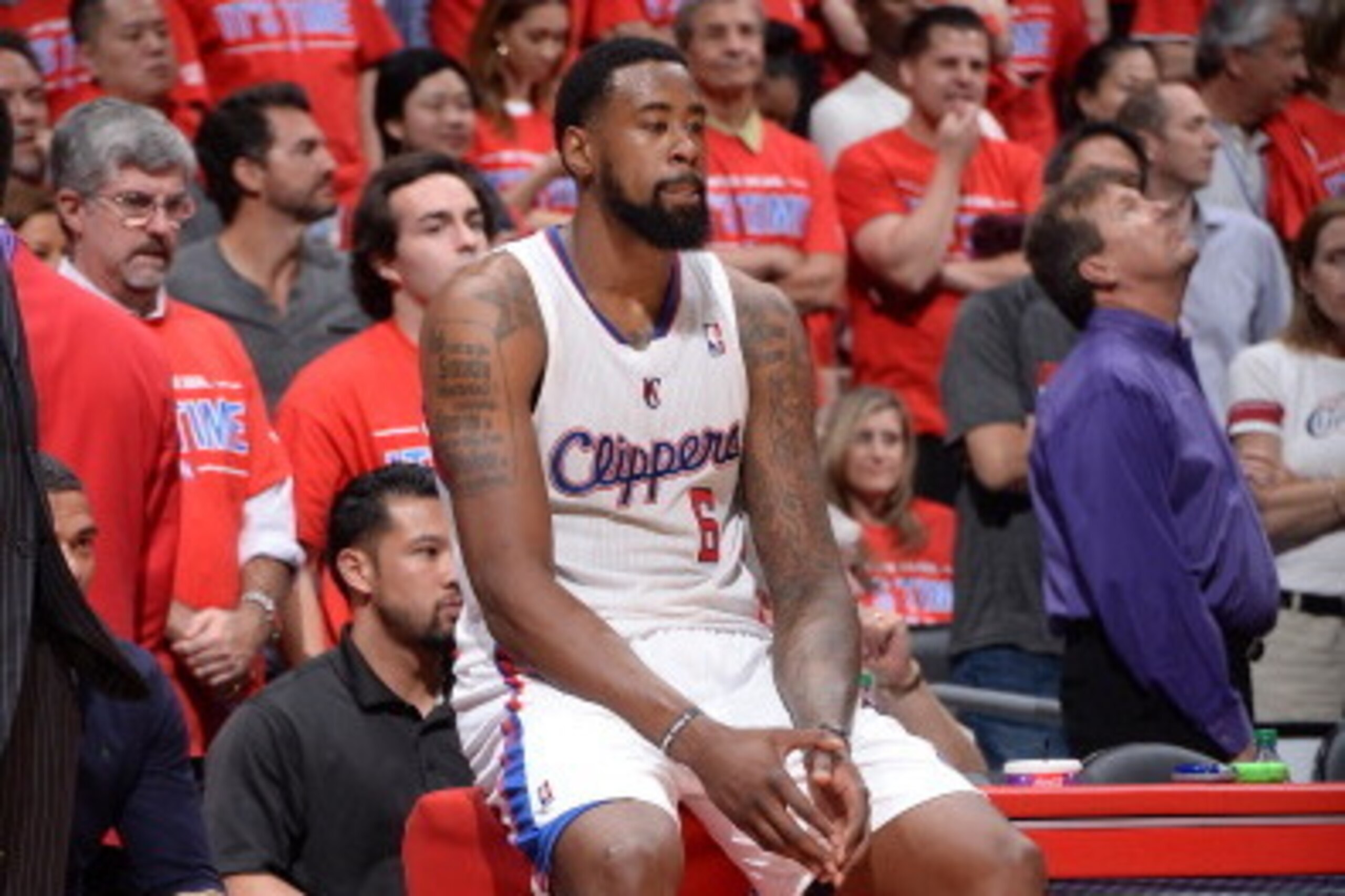 LOS ANGELES, CA - MAY 15:  DeAndre Jordan #6 of the Los Angeles Clippers sits on the side during the game against the Oklahoma City Thunder in Game Six of the Western Conference Semifinals during the 2014 NBA Playoffs at Staples Center on May 15, 2014 in 