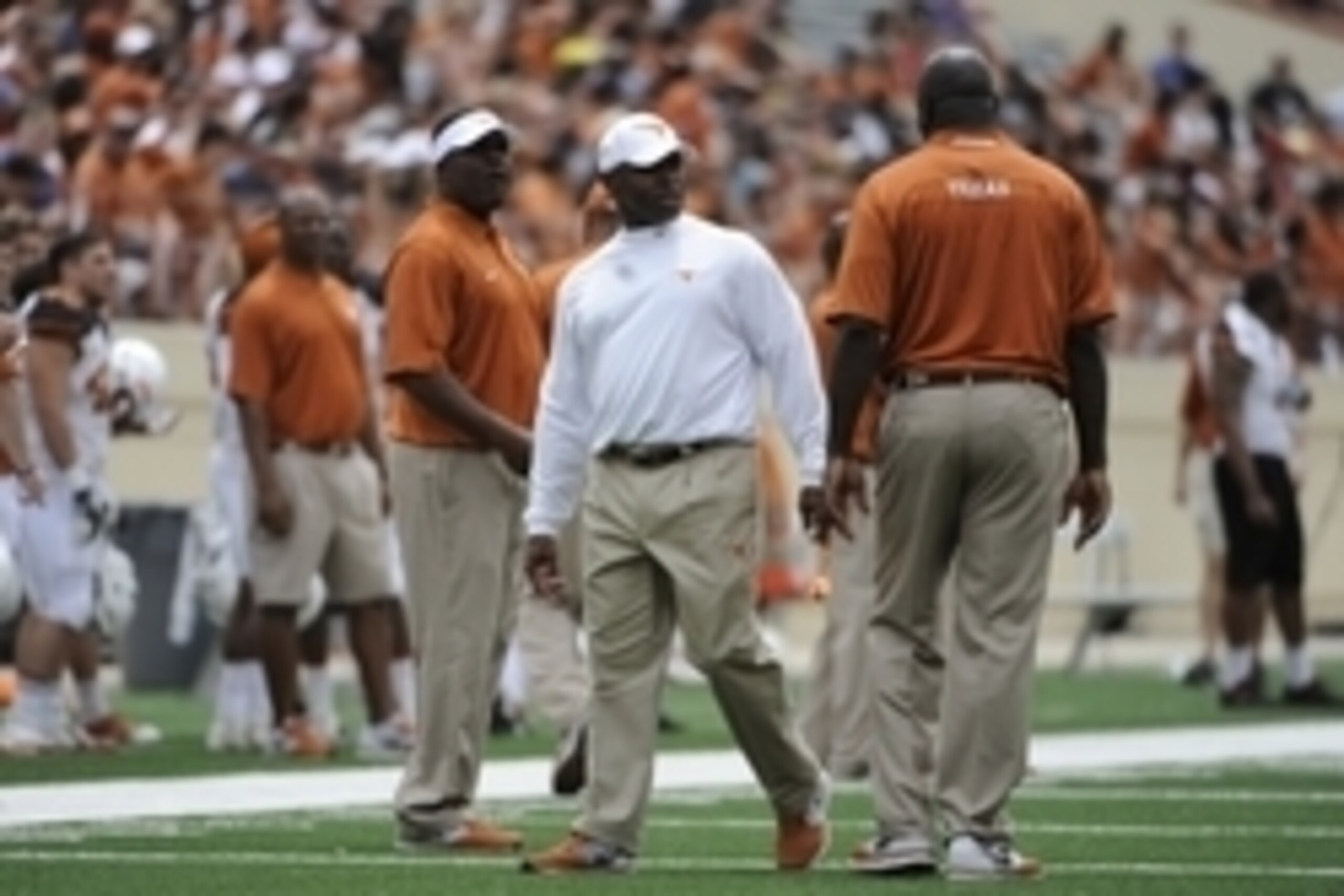 Apr 19, 2014; Austin, TX, USA; Texas Longhorns head coach Charlie Strong reacts during the Spring Game at Texas Memorial Stadium. Mandatory Credit: Brendan Maloney-USA TODAY Sports