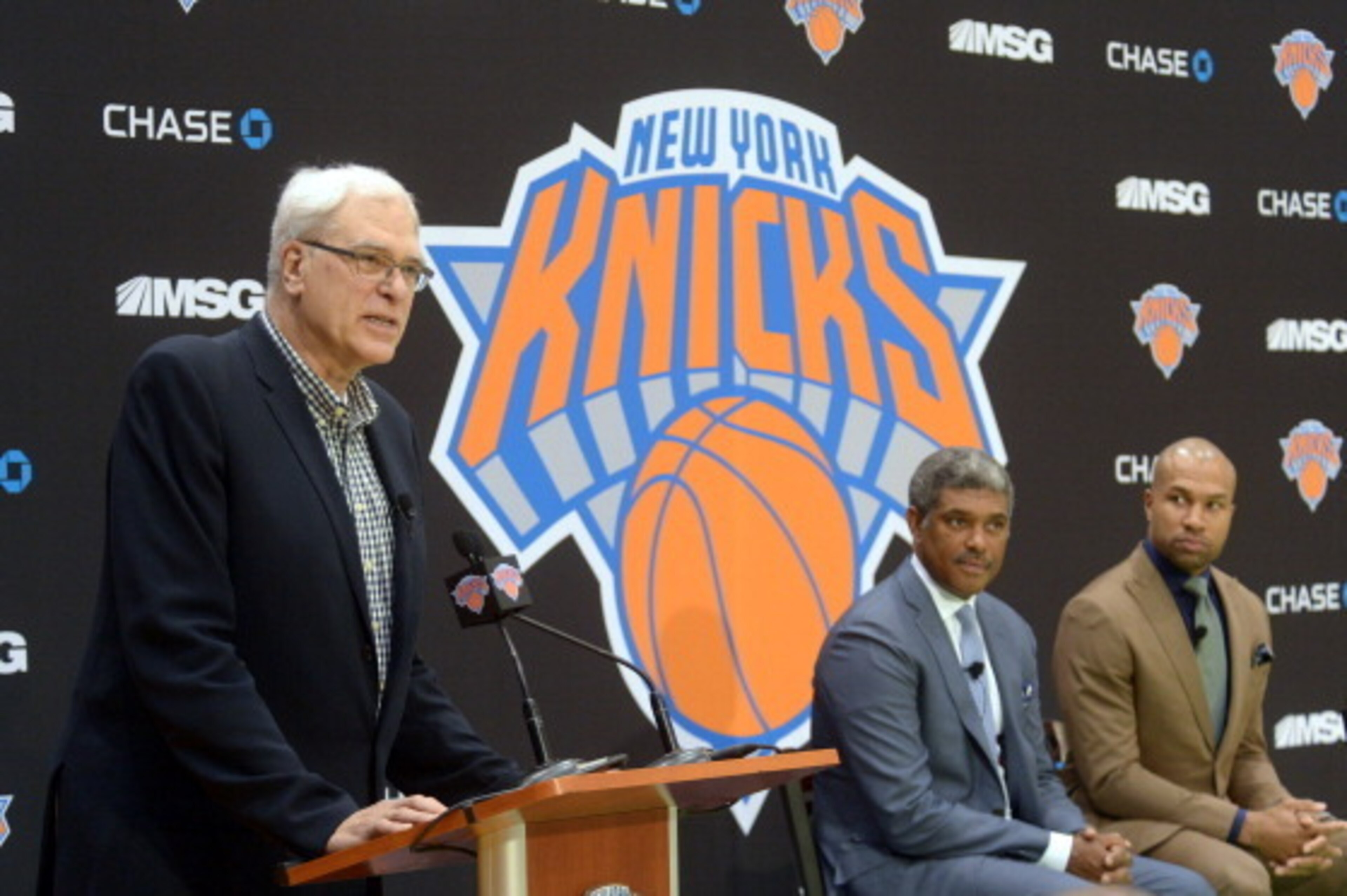 GREENBURGH, NY - JUNE 10:  Phil Jackson, President of the New York Knicks speaks at a press conference to announce Derek Fisher as Coach of the New York Knicks on June 10, 2014 in Greenburgh, New York. NOTE TO USER: User expressly acknowledges and agrees 
