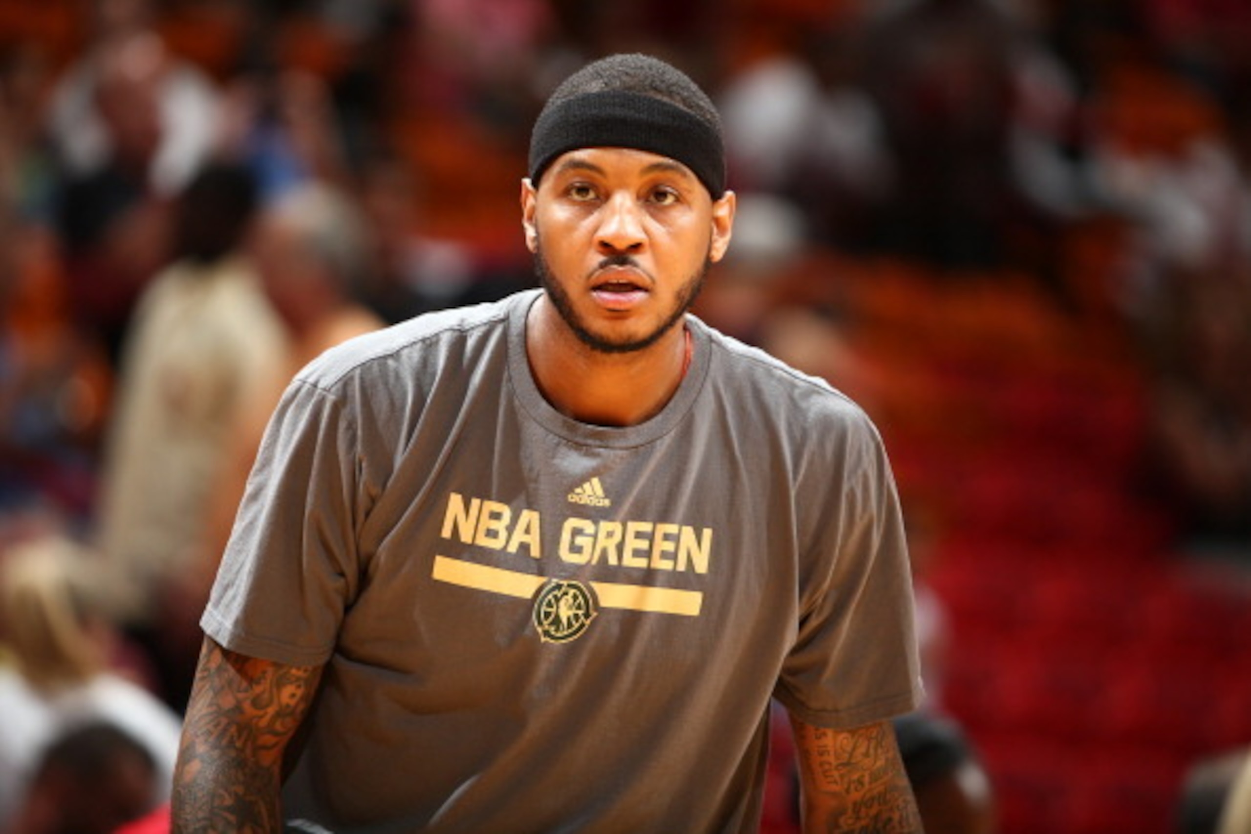 MIAMI, FL - APRIL 6: Carmelo Anthony #7 of the New York Knicks warms up on the court before the game against the Miami Heat on April 6, 2014 at American Airlines Arena in Miami, Florida.  NOTE TO USER: User expressly acknowledges and agrees that, by downl