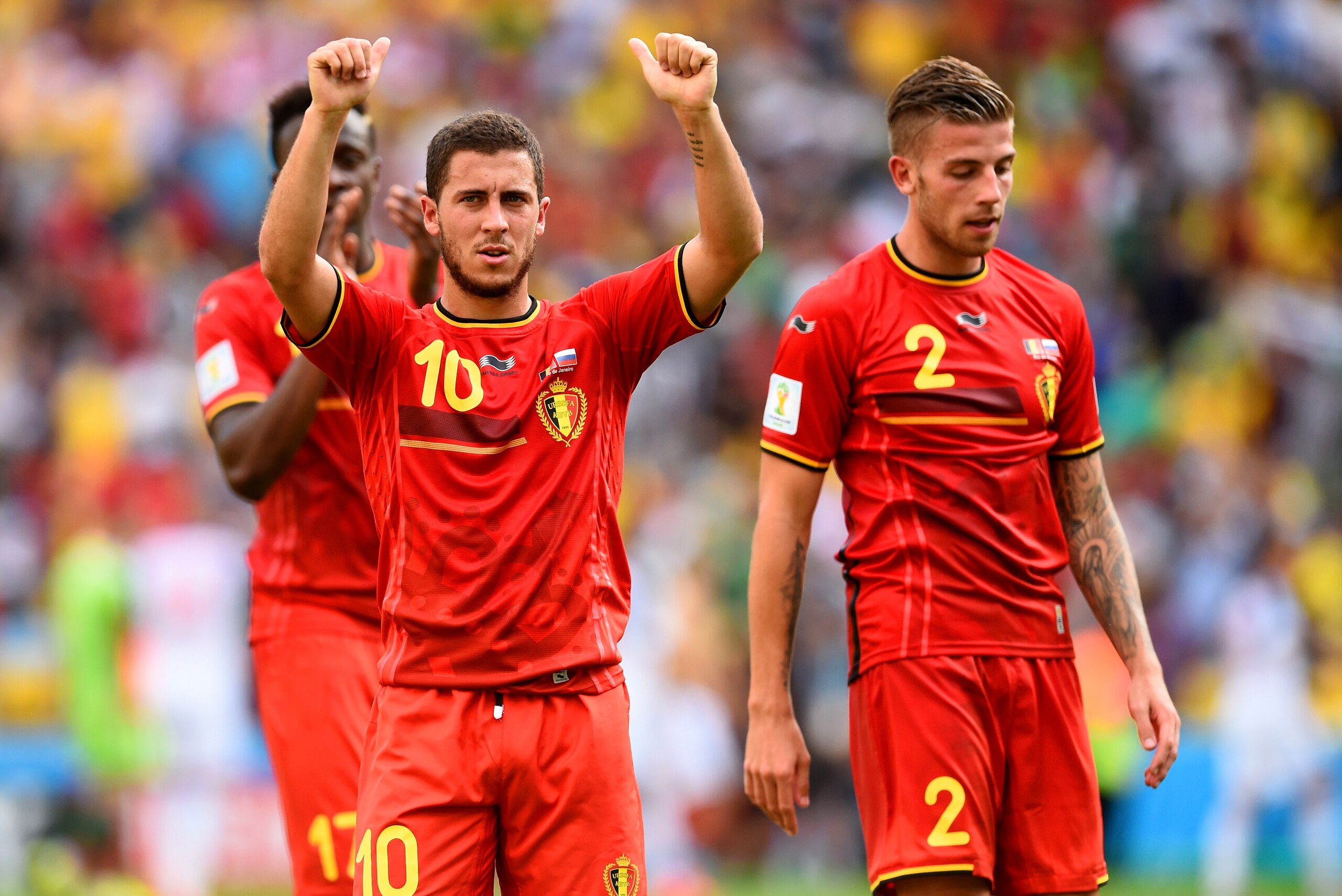 RIO DE JANEIRO, BRAZIL - JUNE 22:  Eden Hazard of Belgium (L) acknowledges the fans after a 1-0 victory in the 2014 FIFA World Cup Brazil Group H match between Belgium and Russia at Maracana on June 22, 2014 in Rio de Janeiro, Brazil.  (Photo by Matthias