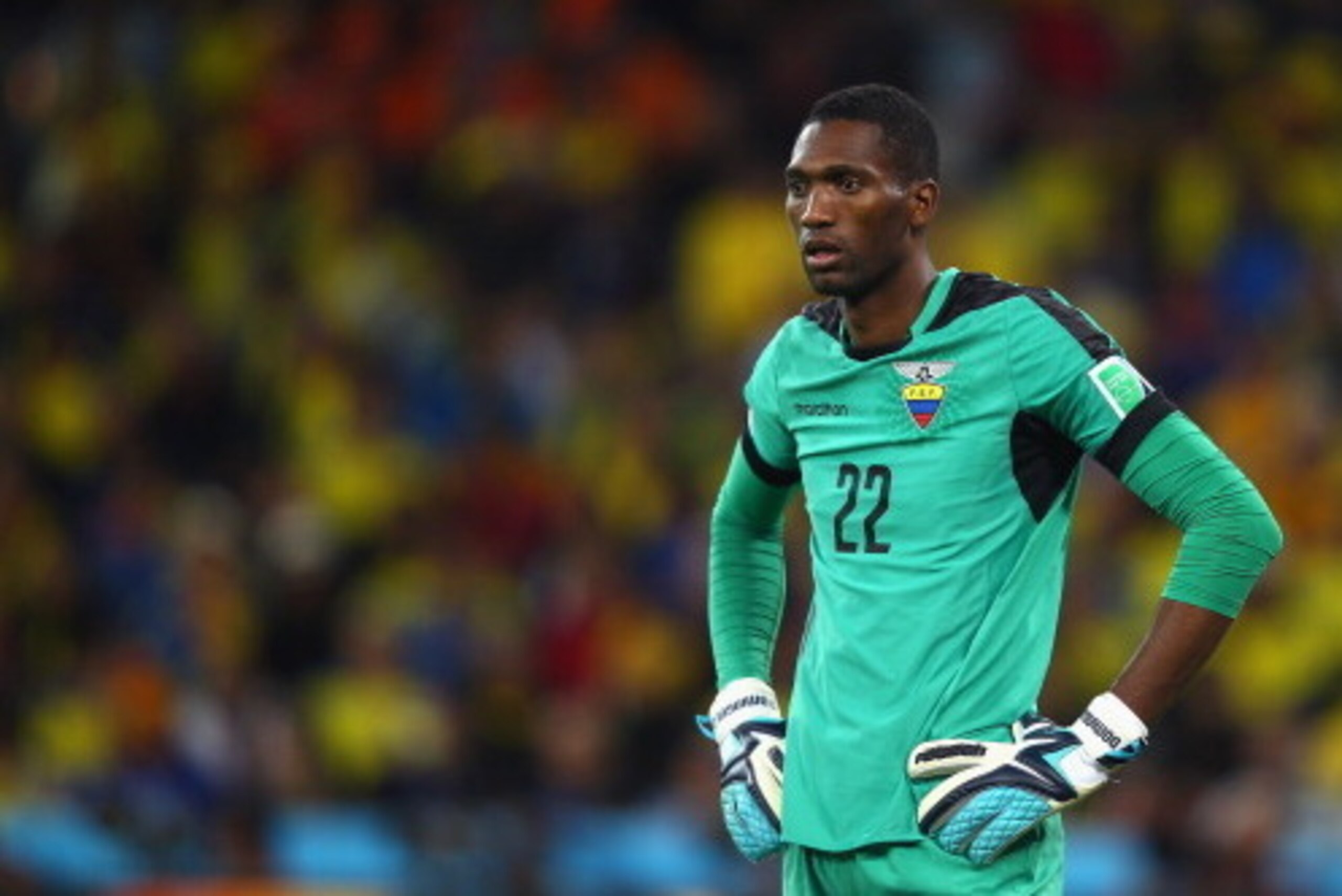 CURITIBA, BRAZIL - JUNE 20:  Alexander Dominguez of Ecuador looks on during the 2014 FIFA World Cup Brazil Group E match between Honduras and Ecuador at Arena da Baixada on June 20, 2014 in Curitiba, Brazil.  (Photo by Clive Rose/Getty Images)