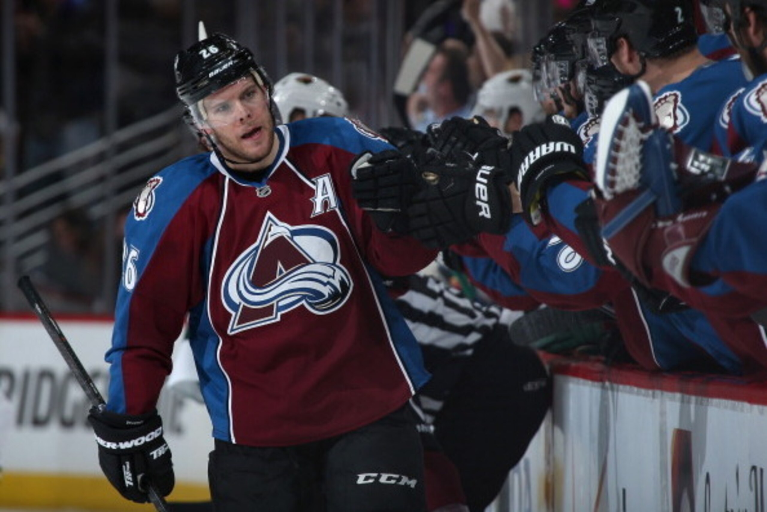DENVER, CO - APRIL 30:  Paul Stastny #26 of the Colorado Avalanche celebrates his goal against the Minnesota Wild in Game Seven of the First Round of the 2014 NHL Stanley Cup Playoffs at Pepsi Center on April 30, 2014 in Denver, Colorado. The Wild defeate