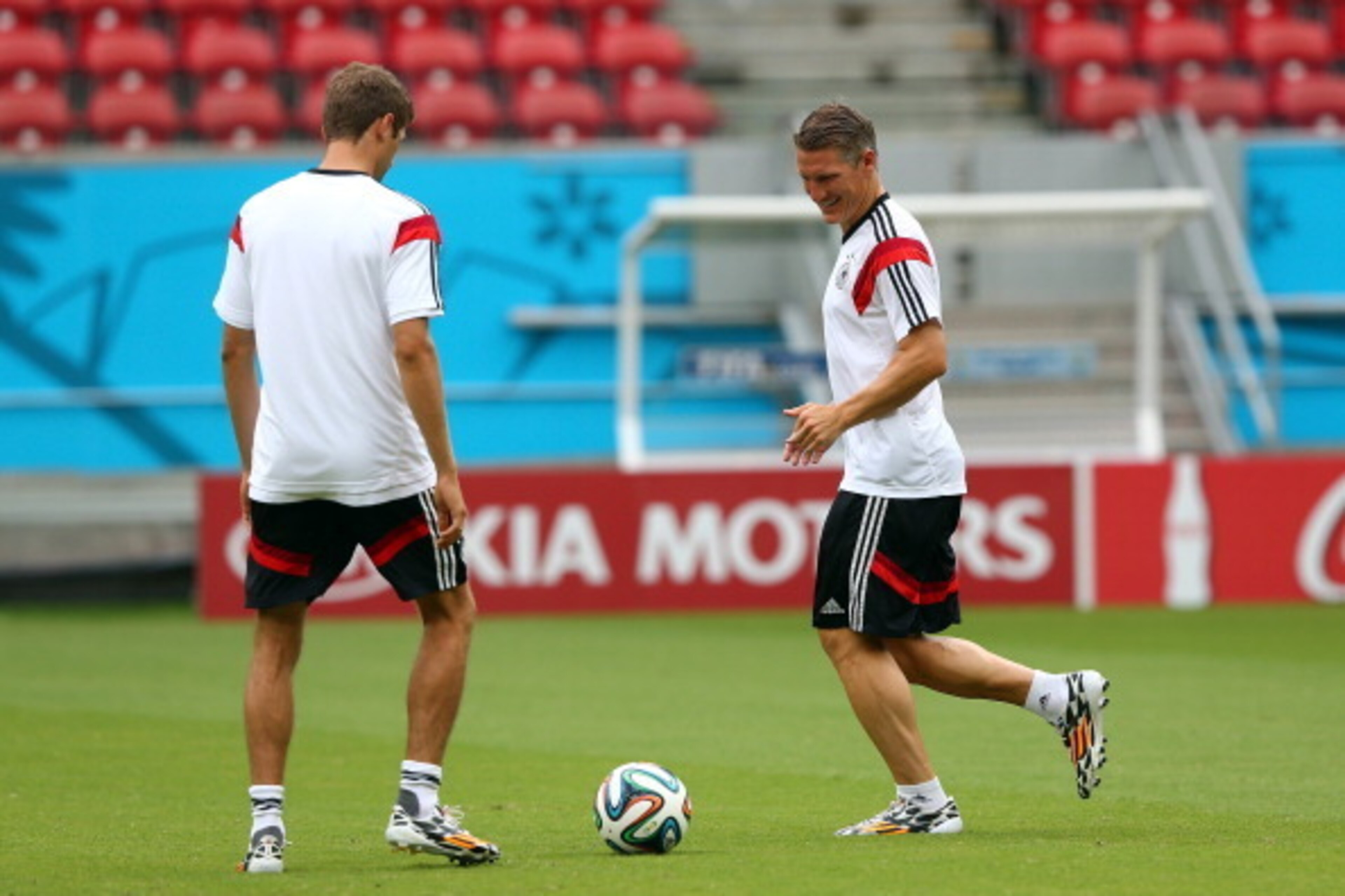 RECIFE, BRAZIL - JUNE 25:  Bastian Schweinsteiger of Germany runs with the ball during the Germany training session ahead of the 2014 FIFA World Cup Group G match between USA and Germany held at Arena Pernambuco on June 25, 2014 in Recife, Brazil.  (Photo