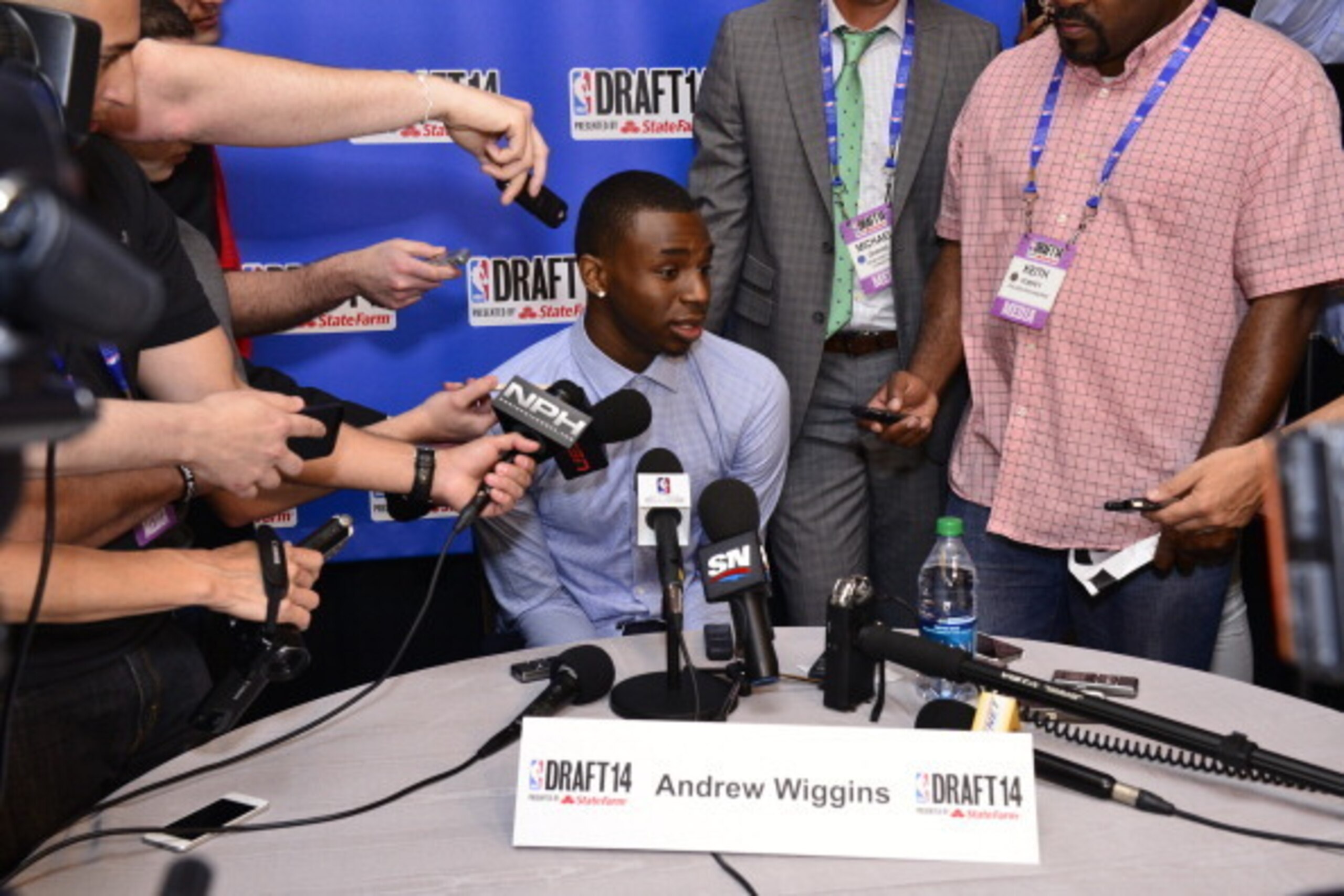 NEW YORK - JUNE 25: NBA Draft Prospect Andrew Wiggins,  speaks to the media during media availability as part of the 2014 NBA Draft on June 25, 2014 at the Westin Times Square in New York City. NOTE TO USER: User expressly acknowledges and agrees that, by